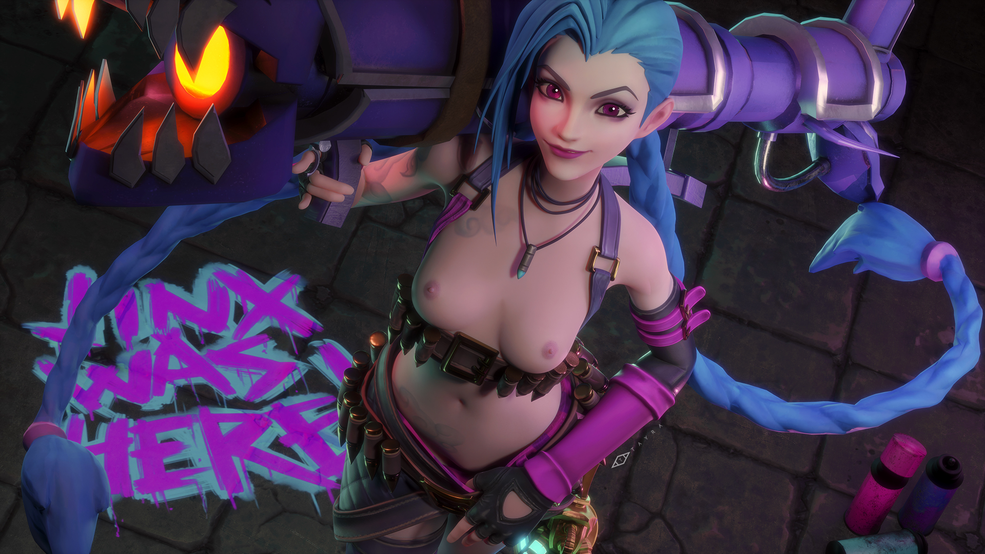 3d, 3d (artwork), blender, blue hair, breasts, female, gun, highres, jinx (league of legends), league of legends, small breasts