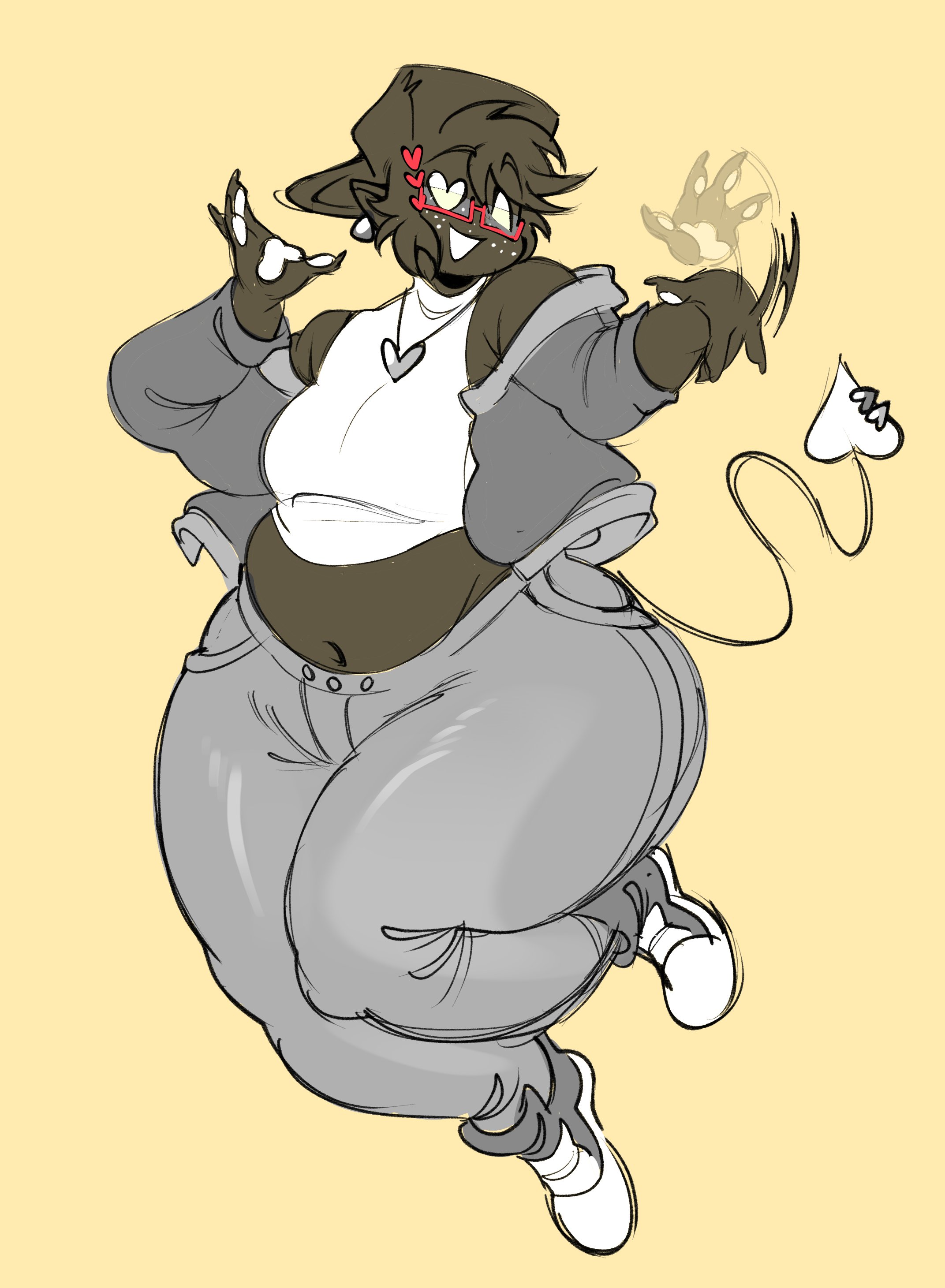ambiguous gender, animation sensation, belly, big ass, black body, boyfriend (friday night funkin), chubby, chubby femboy, clothing, corruption (friday night funkin), crop top, female, femboy, fnf, fnf mod, fnf mods, freckles, friday night funkin, friday night funkin mod, glasses, hat, heart-shaped pupils, inspired by, jacket, male, moobs, oc, original character, soul boyfriend, stomach, stomach bulge, tail, thick thighs, wide hips