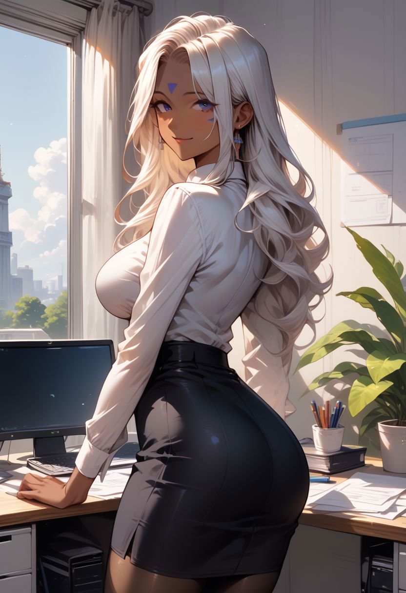 2024 ai_generated ass breasts butt_outline cleavage curvy dark-skinned_female dark_skin female office office_lady oh_my_goddess! oh_my_goddess! pantyhose pencil_skirt skintight solo tagme tight_clothing urd white_shirt yggdrasiladm