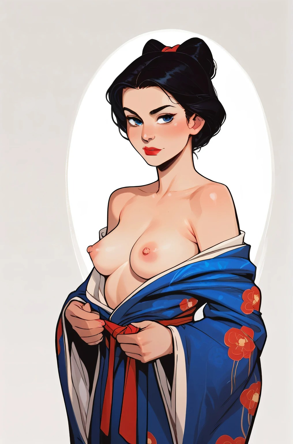 1girls, ai generated, ai hands, breasts, breasts out, disney, disney princess, female, female only, kimono, kimono down, medium breasts, nipples, open clothes, snow white (disney), snow white and the seven dwarfs (1937 film), solo, tagme, upper body, userisbad