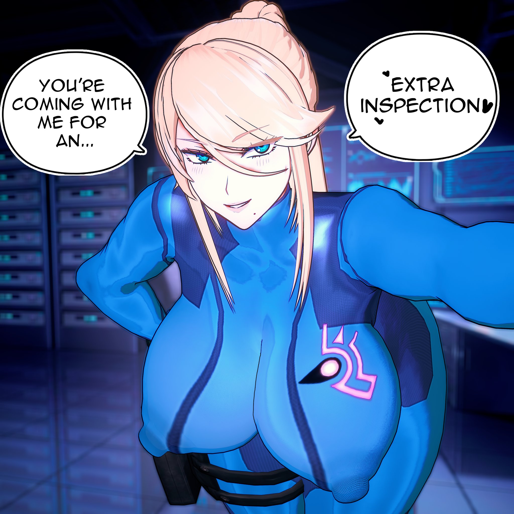 ass, battlehungryoni, big ass, big breasts, big nipples, big thighs, blonde hair, blue eyes, blush, breasts, clothing, dialogue, dialogue box, erect nipples, female, female only, gigantic ass, gigantic breasts, gigantic thighs, hi res, highres, huge ass, huge breasts, huge nipples, huge thighs, hungryogre, looking at viewer, metroid, nipples, nipples visible through clothing, ponytail, samus aran, solo, speech bubble, tagme, text, thick hips, thick thighs, thighs, zero suit samus