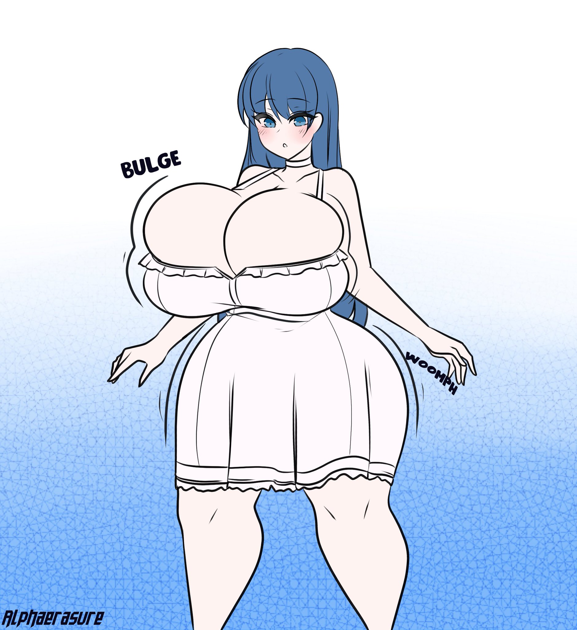 1girls, alphaerasure, ass expansion, atlus, blue eyes, blue hair, blush, body transformation, breast expansion, breast growth, breast growth (enlargement), breasts, cleavage, female, figure transformation, fire emblem, hourglass figure, huge breasts, intelligent systems, nintendo, oribe tsubasa, tagme, thick, thick thighs, tokyo mirage sessions #fe, transformation