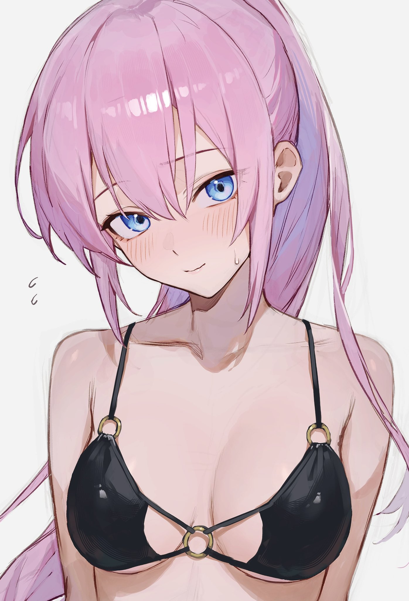 1girls, absurd res, absurdres, bare arms, bare chest, bare shoulders, bare skin, bikini, bikini top, black bikini, black bikini top, black string bikini, black swimsuit, black swimwear, blue eyes, blue-eyed female, blush, blush lines, blushing female, breasts, cleavage, collarbone, dot nose, female, female focus, female only, hair between eyes, head tilt, high resolution, highres, kawaii dake ja nai shikimori-san, light skin, light-skinned female, lips, long hair, looking at viewer, medium breasts, naked, naked female, neck, nervous, nervous face, nervous female, nervous sweat, nude, nude female, pink hair, pink-haired female, ponytail, shikimori miyako, shoulders, shy, shy expression, simple background, slender body, slender waist, slim waist, solo, sooon, string bikini, student, sweatdrop, swimsuit, swimwear, teenager, thin waist, tilted head, tomboy, upper body, white background
