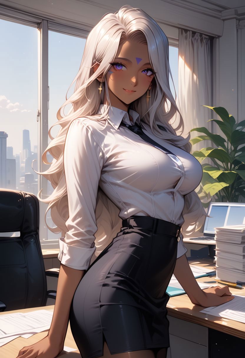 2024 ai_generated ass breasts butt_outline cleavage curvy dark-skinned_female dark_skin female office office_lady oh_my_goddess! oh_my_goddess! pantyhose pencil_skirt skintight solo tagme tight_clothing urd white_shirt yggdrasiladm