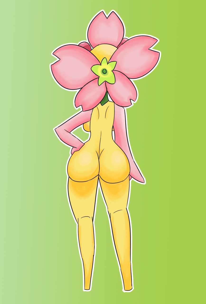 alternate_species anthro ass breasts cherrim fan_character female hambor12 hi_res humanoid humanoidized multicolored_body nintendo pink_body plant pokémon_(species) pokémorph pokemon simple_background solo two_tone_body video_games yellow_body