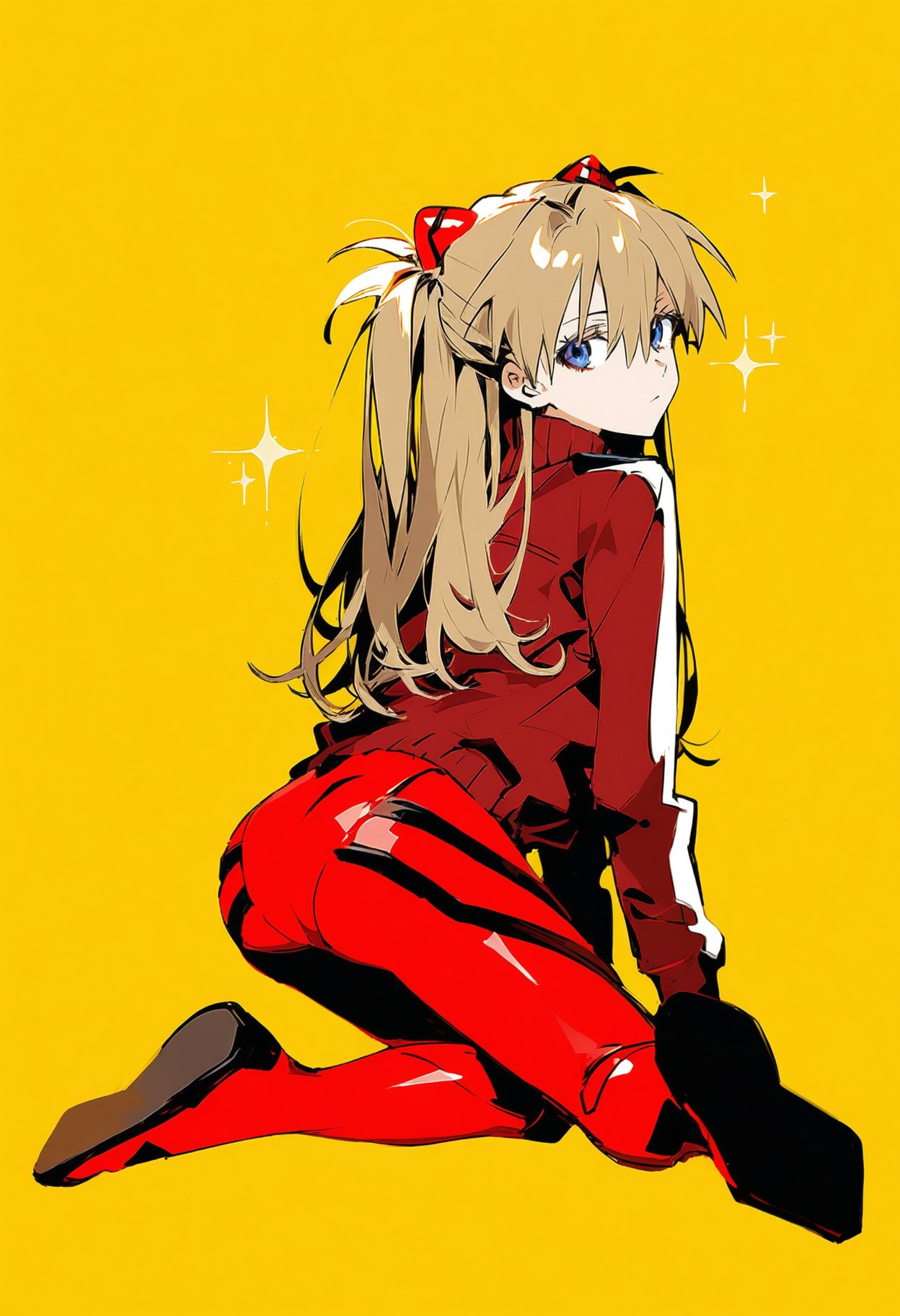 1girls ai_generated ass asuka_langley_sohryu full_body kneeling looking_back neon_genesis_evangelion plugsuit serious shoppy yellow_background