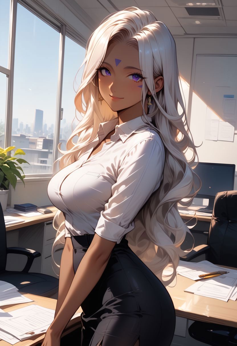 2024 ai_generated ass breasts butt_outline cleavage curvy dark-skinned_female dark_skin female office office_lady oh_my_goddess! oh_my_goddess! pantyhose pencil_skirt skintight solo tagme tight_clothing urd white_shirt yggdrasiladm