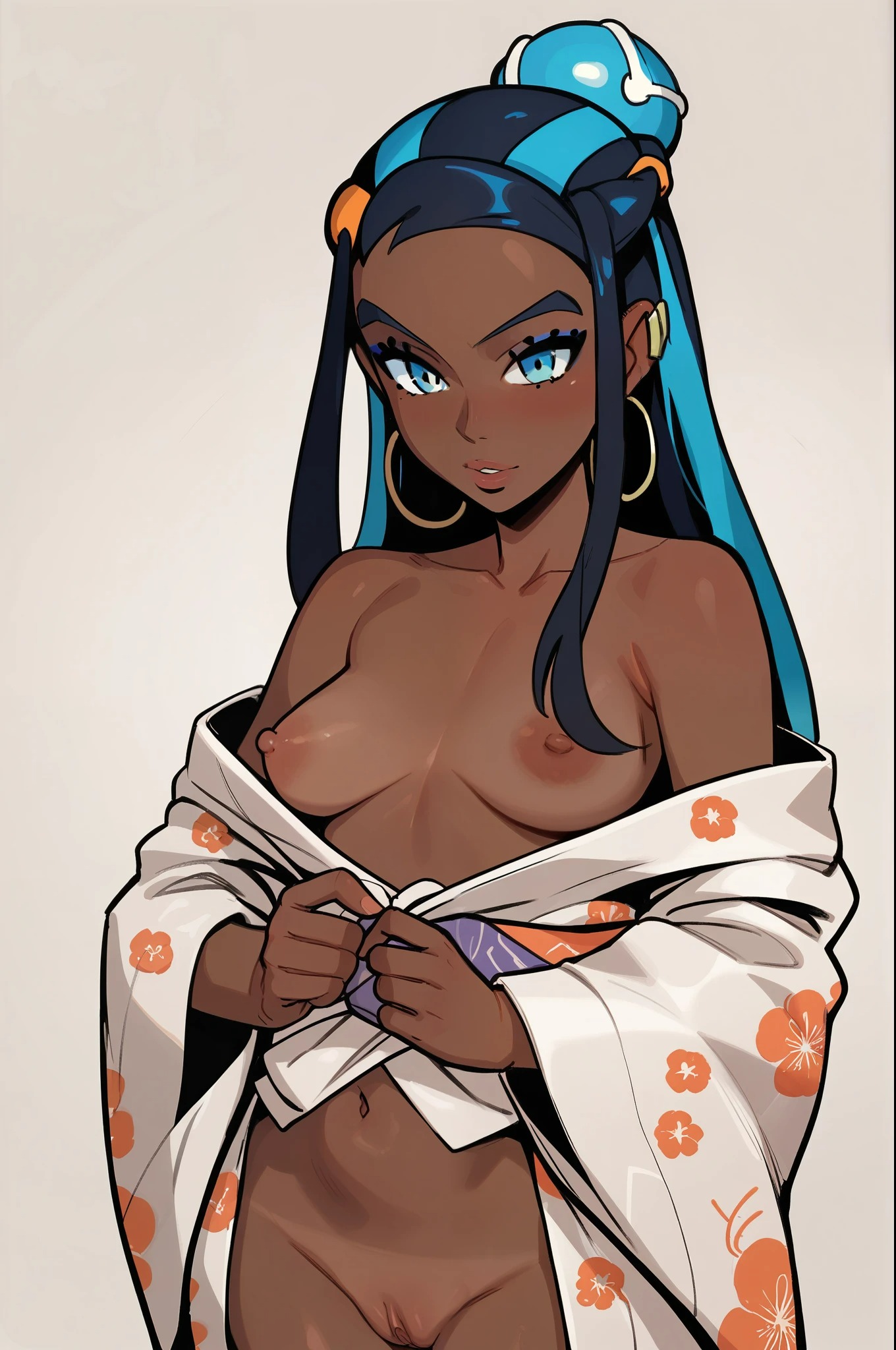 1girls, ai generated, breasts, breasts out, dark skin, dark-skinned female, female, female only, gym leader, nessa (pokemon), nipples, open clothes, pokemon, pokemon sm, solo, tagme, upper body, userisbad