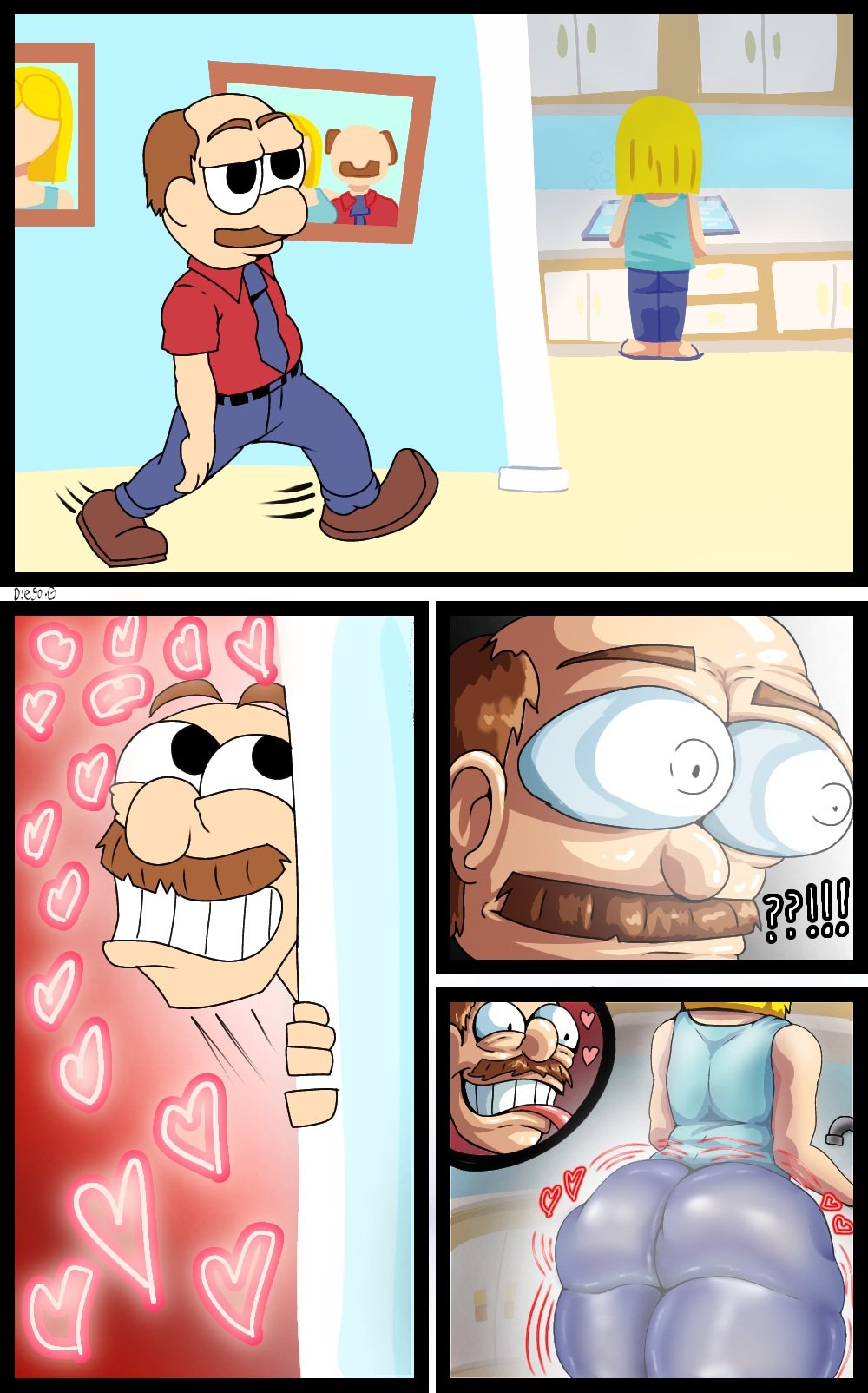 1boy, 1girls, 2025, 2d, 2d (artwork), 2d artwork, ass, ass bigger than head, ass focus, big ass, big butt, blonde female, blonde hair, blonde-haired female, blue pants, comic, comic page, diego.g, digital art, digital drawing (artwork), digital media (artwork), duo, female, female/male, huge ass, huge butt, human, humanoid, kitchen, male, male/female, marvin (sml), moustache, red shirt, rose (sml), sink, sml, spying, supermariologan, tagme, tie