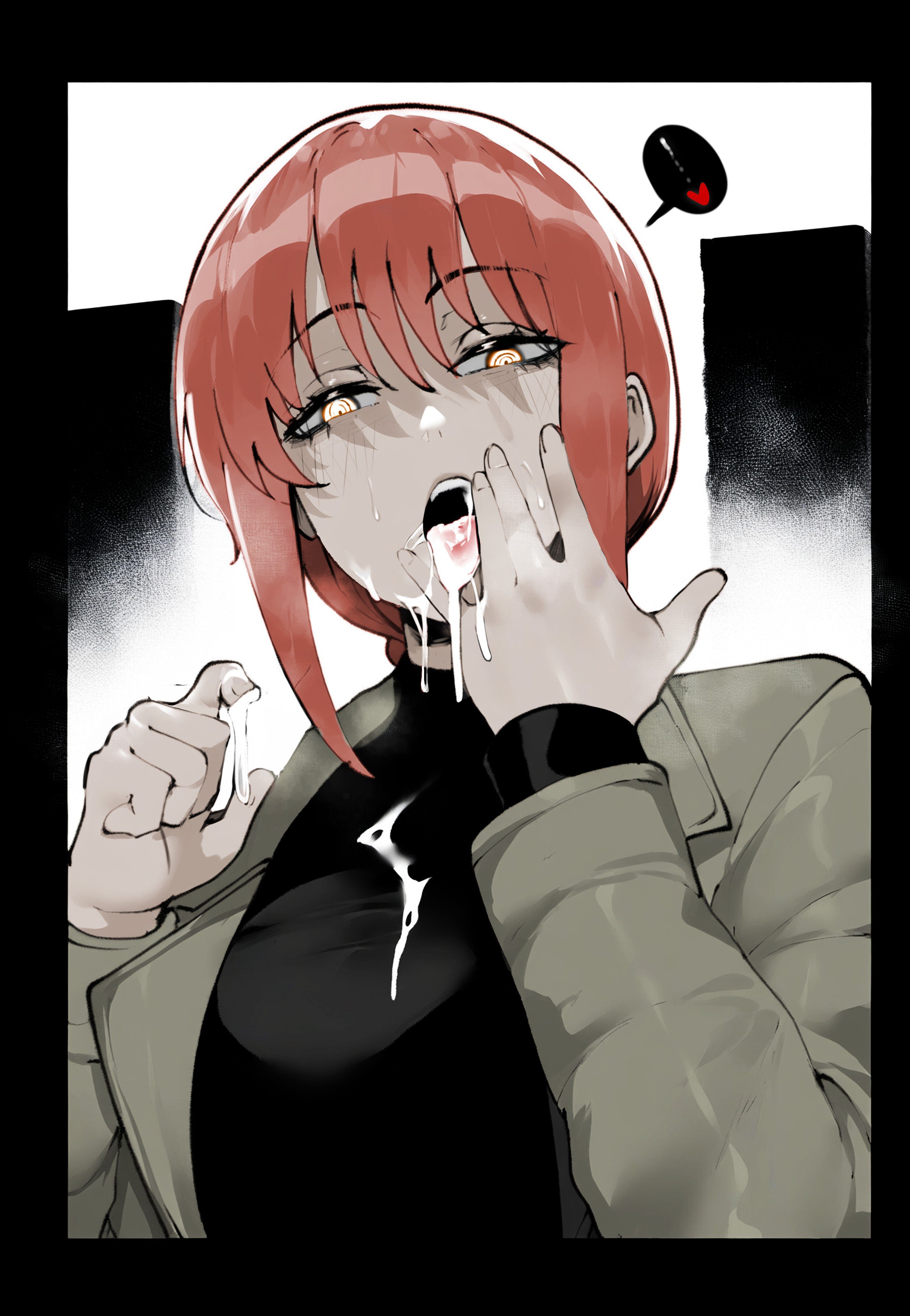 1girls, ajaycolor, anime nose, chainsaw man, color, color edit, colored, colored inner hair, colored sketch, colored skin, cum in mouth, cum on tongue, female, female only, fully clothed, heart, human, licking cum, makima (chainsaw man), masoq095, monochrome, no visible genitalia, solo, tongue, tongue out