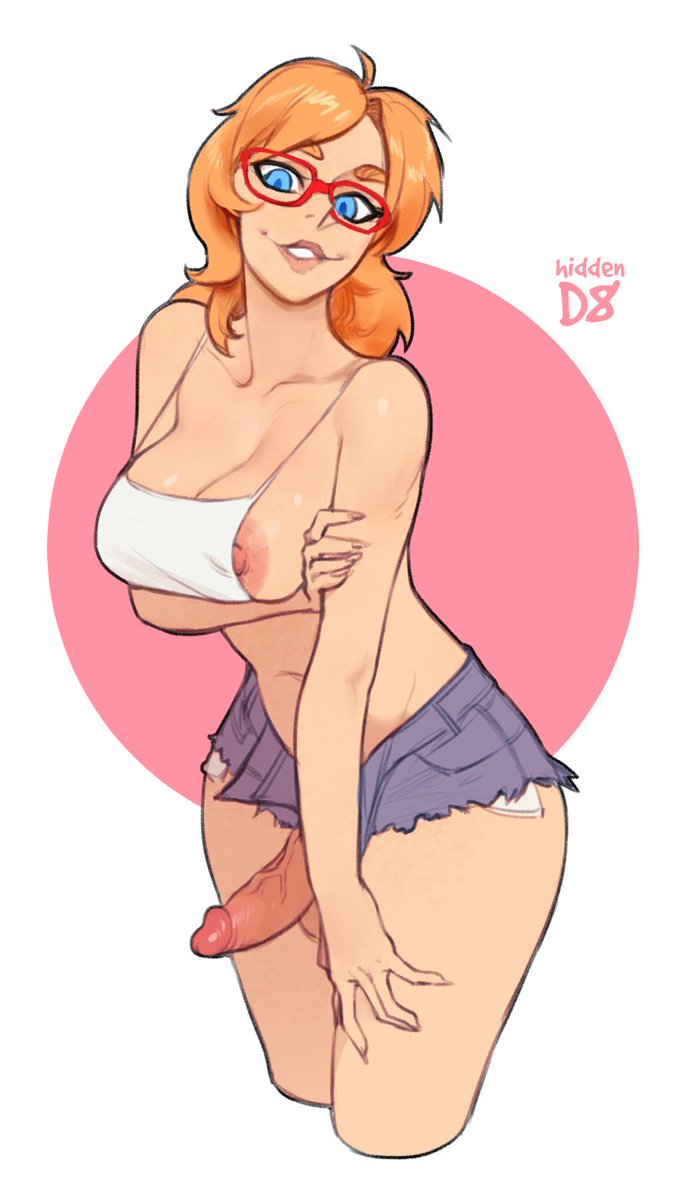 1futa, areola slip, areolae, balls, blue eyes, booty shorts, breasts, cleavage, clothed, clothing, erect nipples, erection, futa only, futanari, ginger, glasses, hiddend8, huge breasts, human, intersex, large penis, light skin, light-skinned futa, mostly nude, nipples, orange hair, original character, pale skin, penis, penis out, shorts, simple background, solo, standing, wide hips