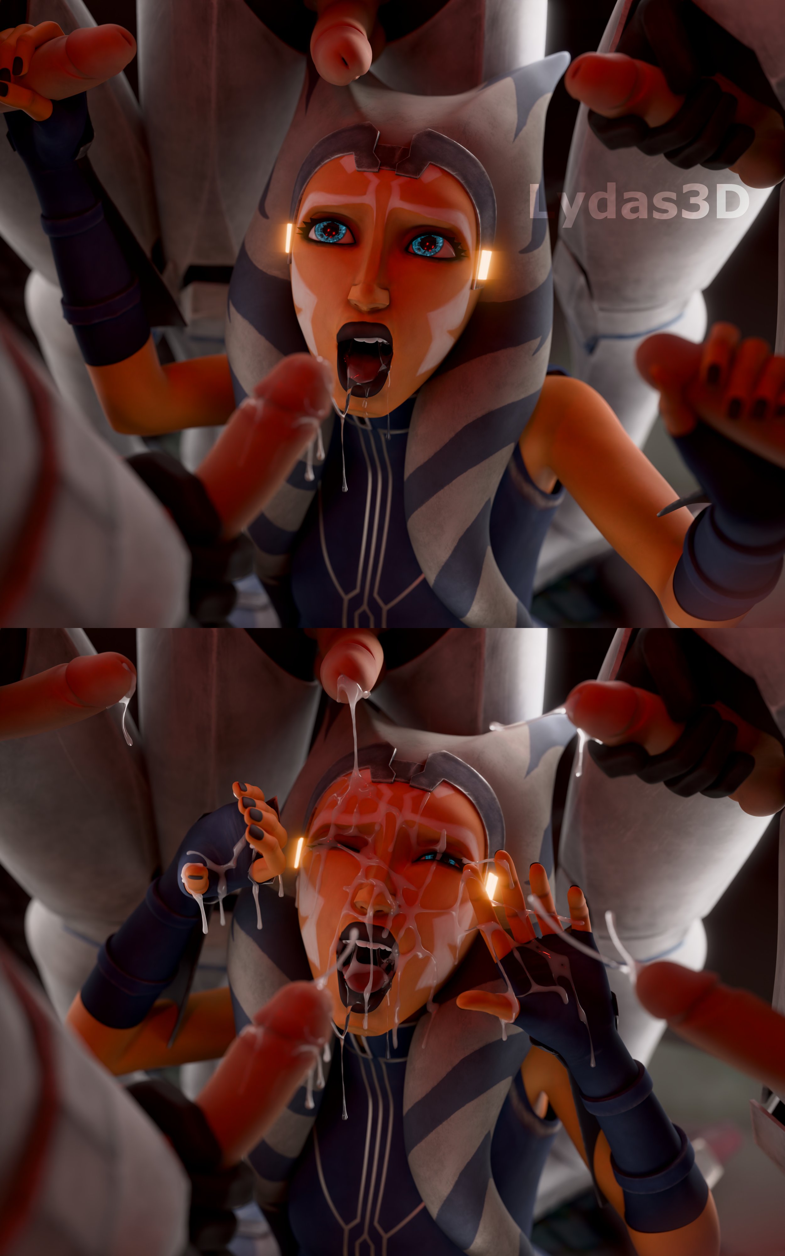 1girls, 3d, 3d (artwork), after oral, ahsoka tano, airress3d (3d-modeller), alien girl, alien humanoid, clone trooper, clone wars, cum, cum in mouth, cum on body, cum on face, cum on tongue, cum strand, cum string, dripping cum, female, female focus, lydas3d, male, multiple boys, multiple males, open mouth, orange body, orange skin, penis, star wars, togruta