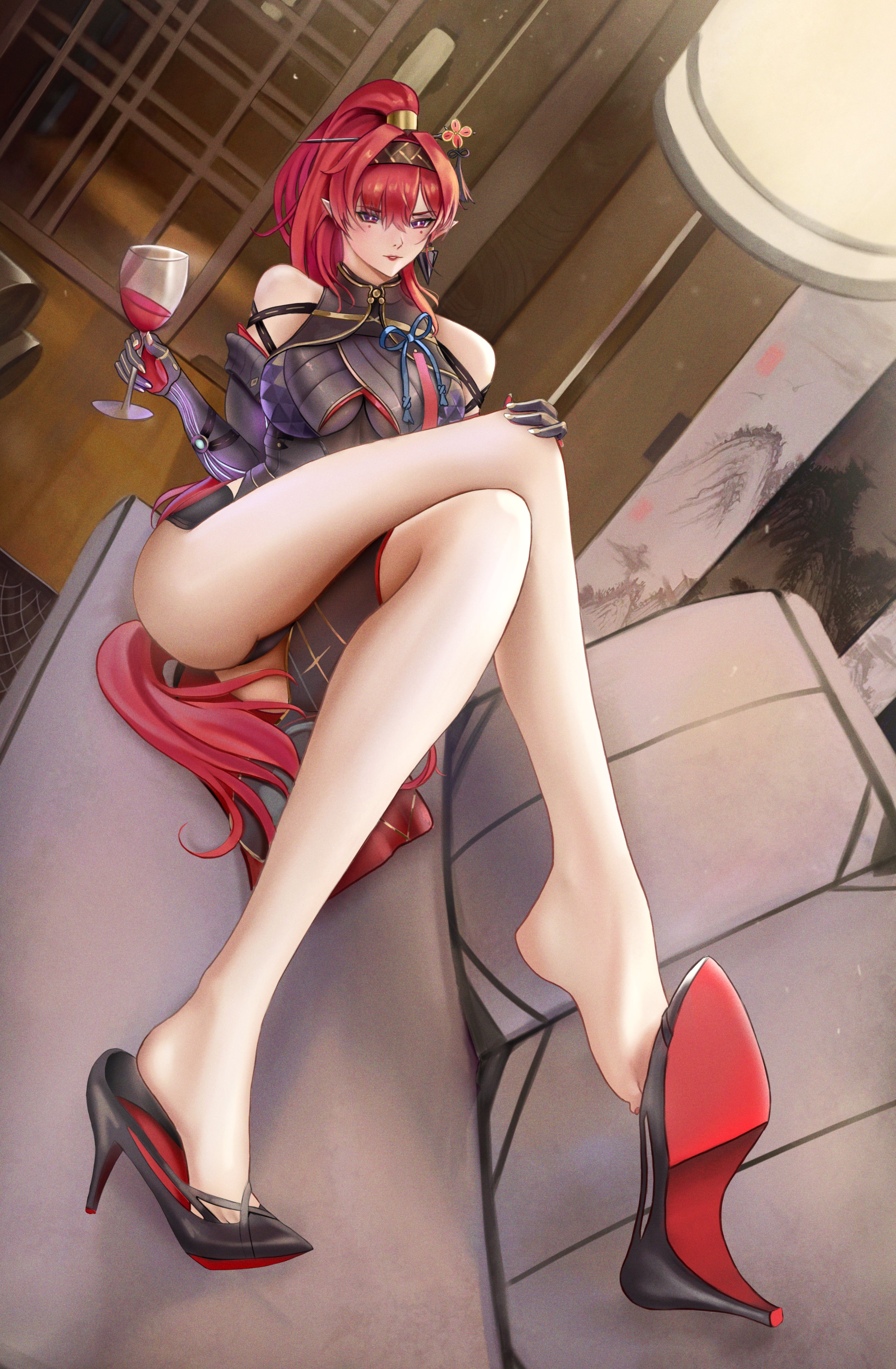 barelegs, drinking, drinking glass, feet, female, high heels, legs crossed, red hair, relaxing, shoes, showing off, wuthering waves, yinlin (wuthering waves)