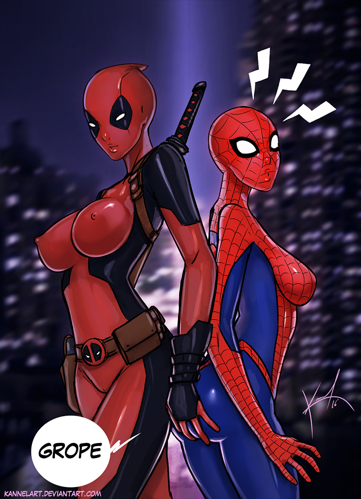 2girls ass_grab back_to_back back_view big_ass big_breasts bodysuit city cleavage deadpool erect_nipples erect_nipples_under_clothes female_only gender_transformation gloves grope groping groping_ass groping_from_behind kannelart katana lady_deadpool marvel marvel_comics multiple_girls petra_parker rooftop rule_63 sexual_harassment skin_tight smooth_skin spider-man spider-man_(series) spider-woman spider_sense surprised surprised_expression sword sword_on_back thick_ass thick_thighs wanda_wilson weapon