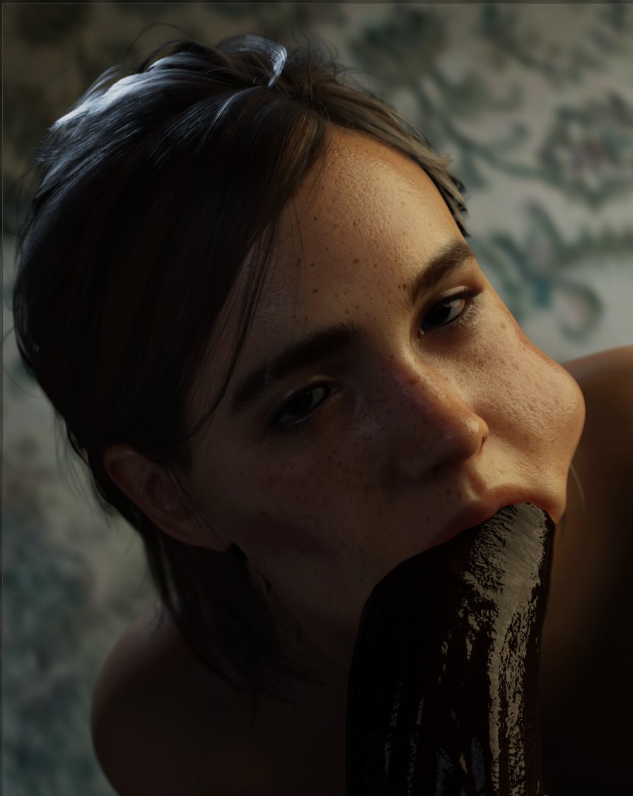 1boy, 1girls, 3d, 3d (artwork), big penis, blender, blowjob, brown eyes, brown hair, bulge, bulge in face, cheek bulge, dark skin, dark-skinned male, ellie (the last of us), ellie williams, female, interracial, looking at viewer, male, naughty dog, naughty face, oral, penis, pinup, pov, steps3d, the last of us, the last of us 2