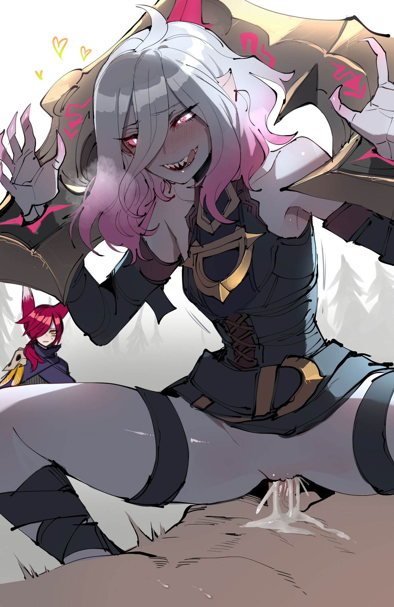 1boy, 2girls, aroused, briar (league of legends), clothed sex, cowgirl position, crazy eyes, cum, cum in pussy, cum inside, cum overflow, excited, female, female on top, happy sex, heart-shaped pupils, kemonomimi, league of legends, looking pleasured, male, monster girl, pov, pussy, ratatatat74, sharp teeth, slim waist, spread legs, straddling, tagme, thighs, thrusting, tongue, tongue out, vaginal penetration, xayah