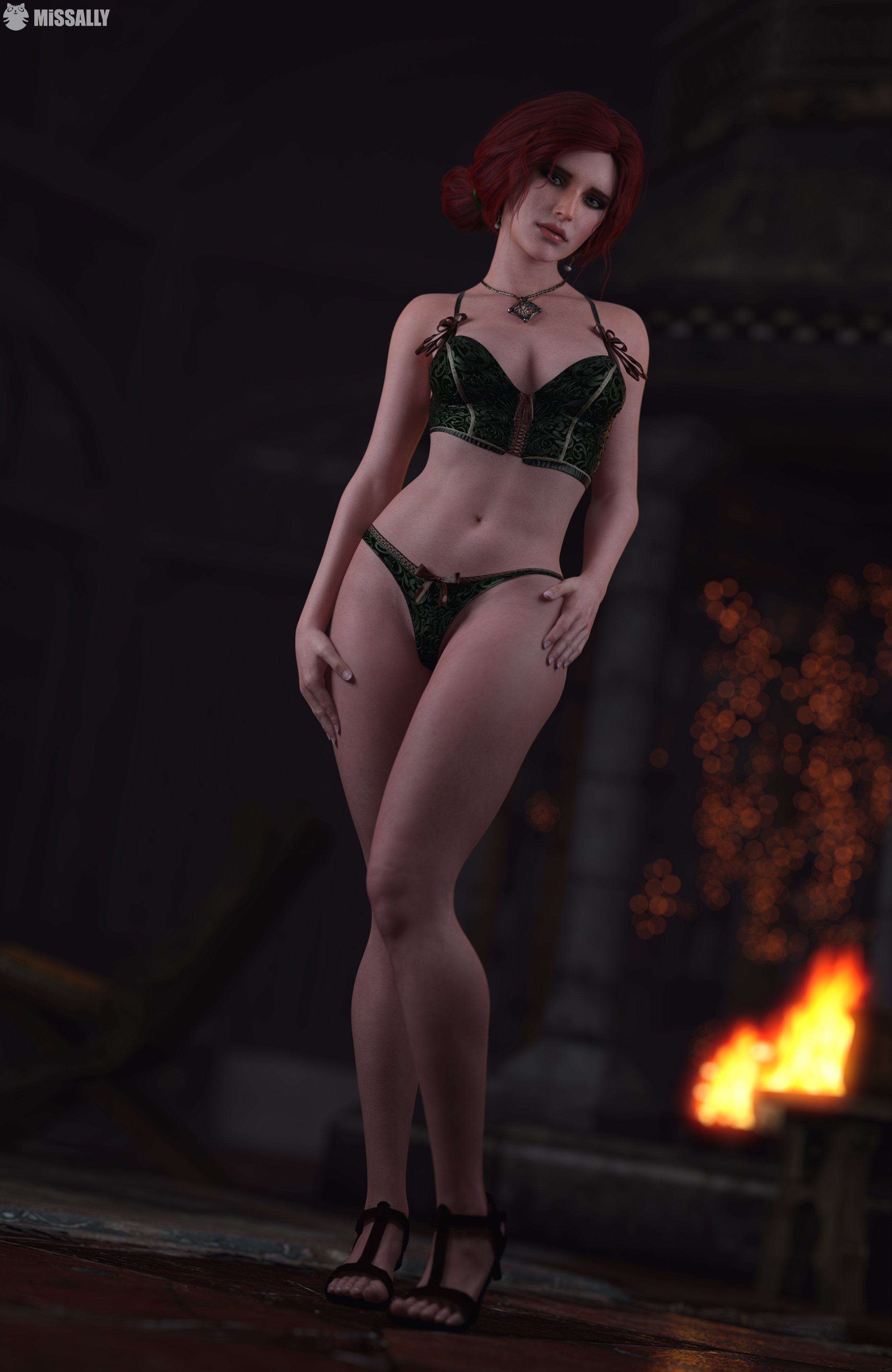 3d, breasts, female, high heels, light skin, light-skinned female, lingerie, looking at viewer, missally, panties, red hair, solo, the witcher (series), the witcher 3: wild hunt, triss merigold, underwear