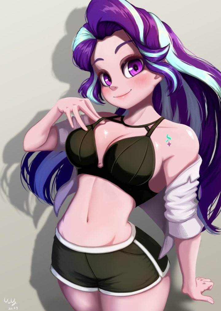 1girls 2022 artist_signature black_bra black_clothing black_shorts bra cutie_mark dolphin_shorts equestria_girls female happy hasbro light-skinned_female light_skin long_hair my_little_pony purple_eyes purple_hair shadow smile smiling smiling_at_viewer solo solo_female starlight_glimmer the-park twitter_link two_tone_hair