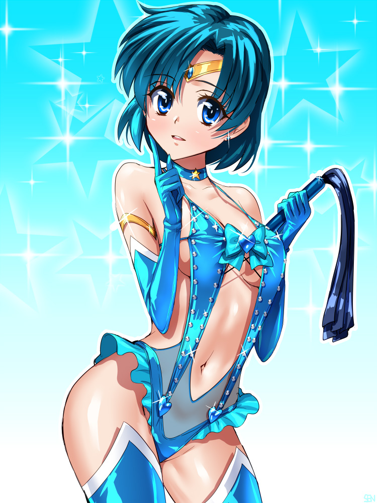 1girls ami_mizuno bishoujo_senshi_sailor_moon blue_eyes blue_hair blue_leotard breasts brooch choker circlet clothing dominatrix earrings elbow_gloves flogger gloves heart_brooch holding_flogger holding_whip leotard looking_at_viewer medium_breasts navel sailor_mercury sen_(sansui) short_hair small_breasts stockings thighhighs whip