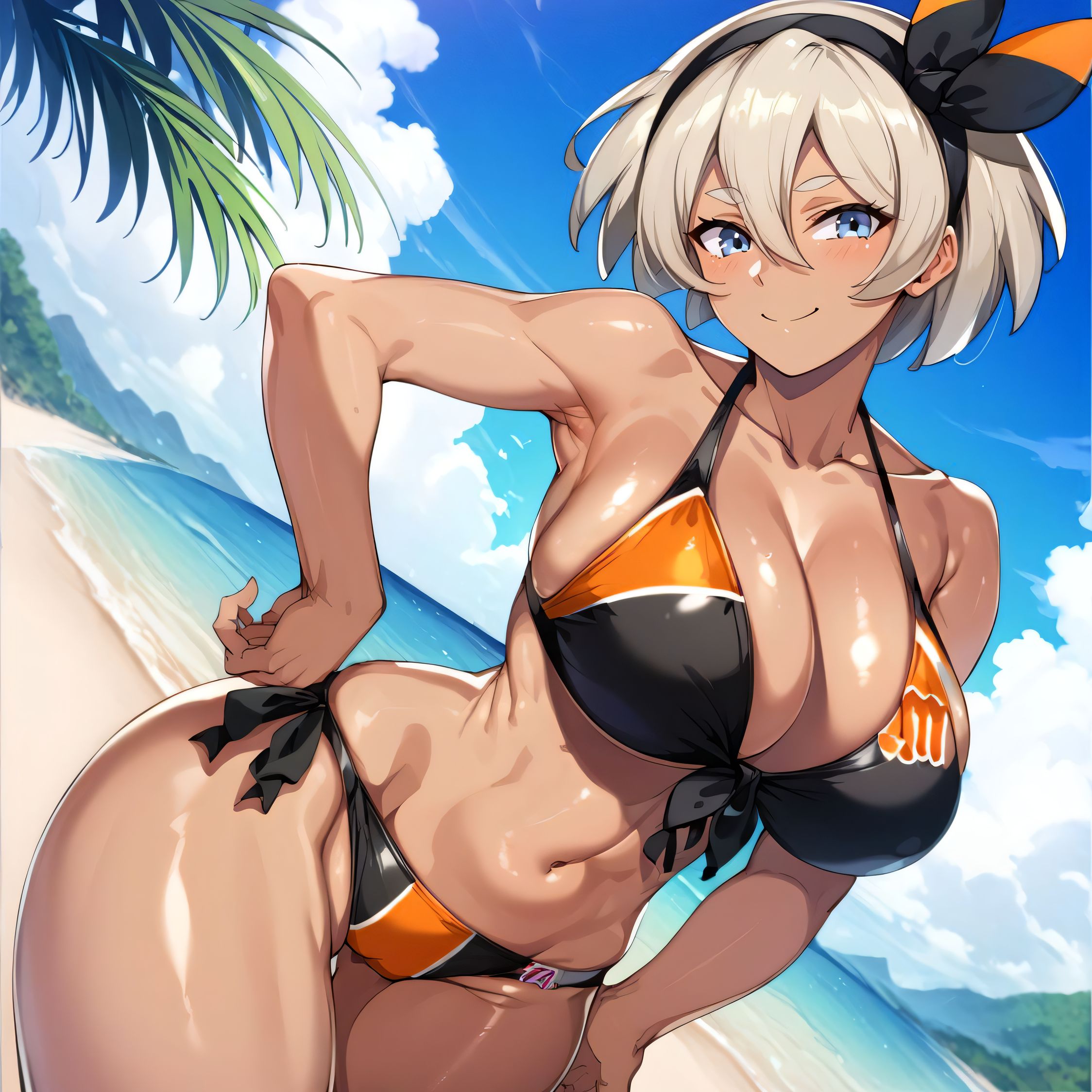 1girls, ai generated, alternate breast size, bea (pokemon), beach, big breasts, bikini, breasts, busty, cleavage, curvaceous, curvy, curvy body, curvy female, curvy figure, female, hand, huge breasts, large breasts, outdoors, pokemon, solo, sweat, sweating, sweaty, sweaty body, sweaty breasts, thick thighs, thighs, venus body, voluptuous