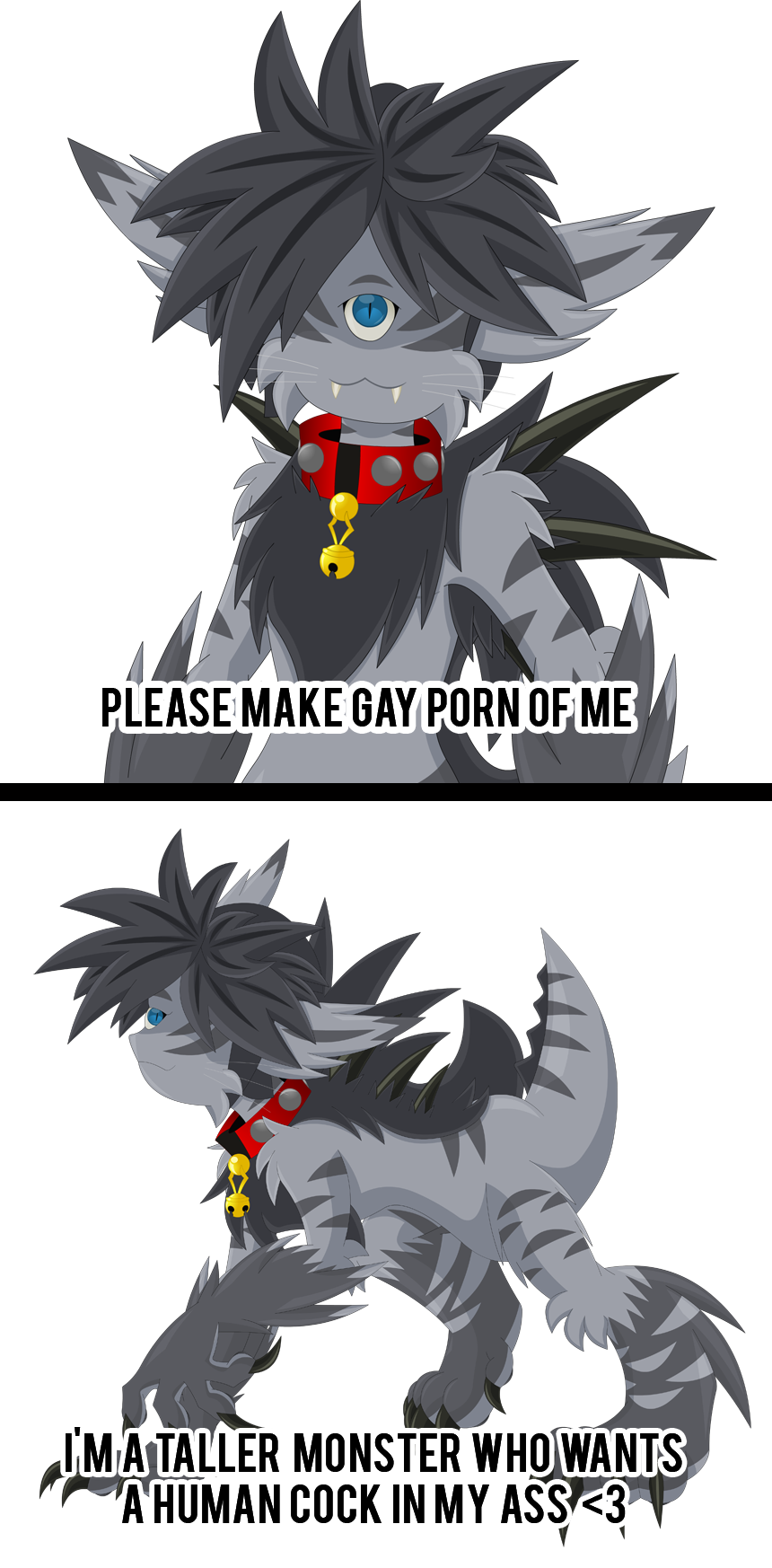 1_eye acenath-sama anthro bell bell_collar blue_eyes claws collar cute_fangs deishun deishun_(species) ears_back fan_character fangs fur gesture grey_body grey_fur grey_hair hair hi_res male male/male meme monster pivoted_ears smile solo spikes suggestive suggestive_gesture tail teeth text vulgar zar-jhan_(acenath-sama) zarjhan_mary