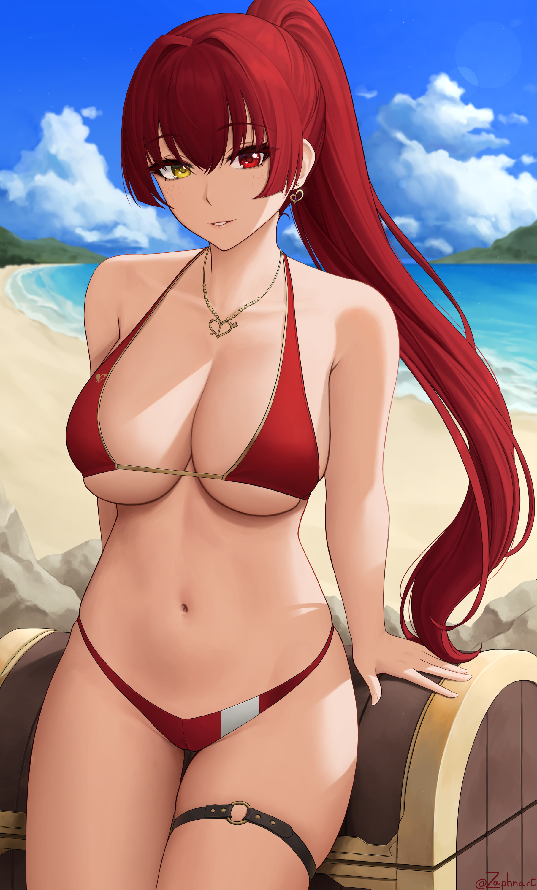 1girls, belly button, big breasts, bikini, breasts, curvy figure, female, female only, heterochromia, hololive, hololive fantasy, hololive japan, houshou marine, large breasts, long hair, midriff, necklace, ponytail, red hair, solo, solo female, swimsuit, thick, thick thighs, virtual youtuber, voluptuous, zaphn