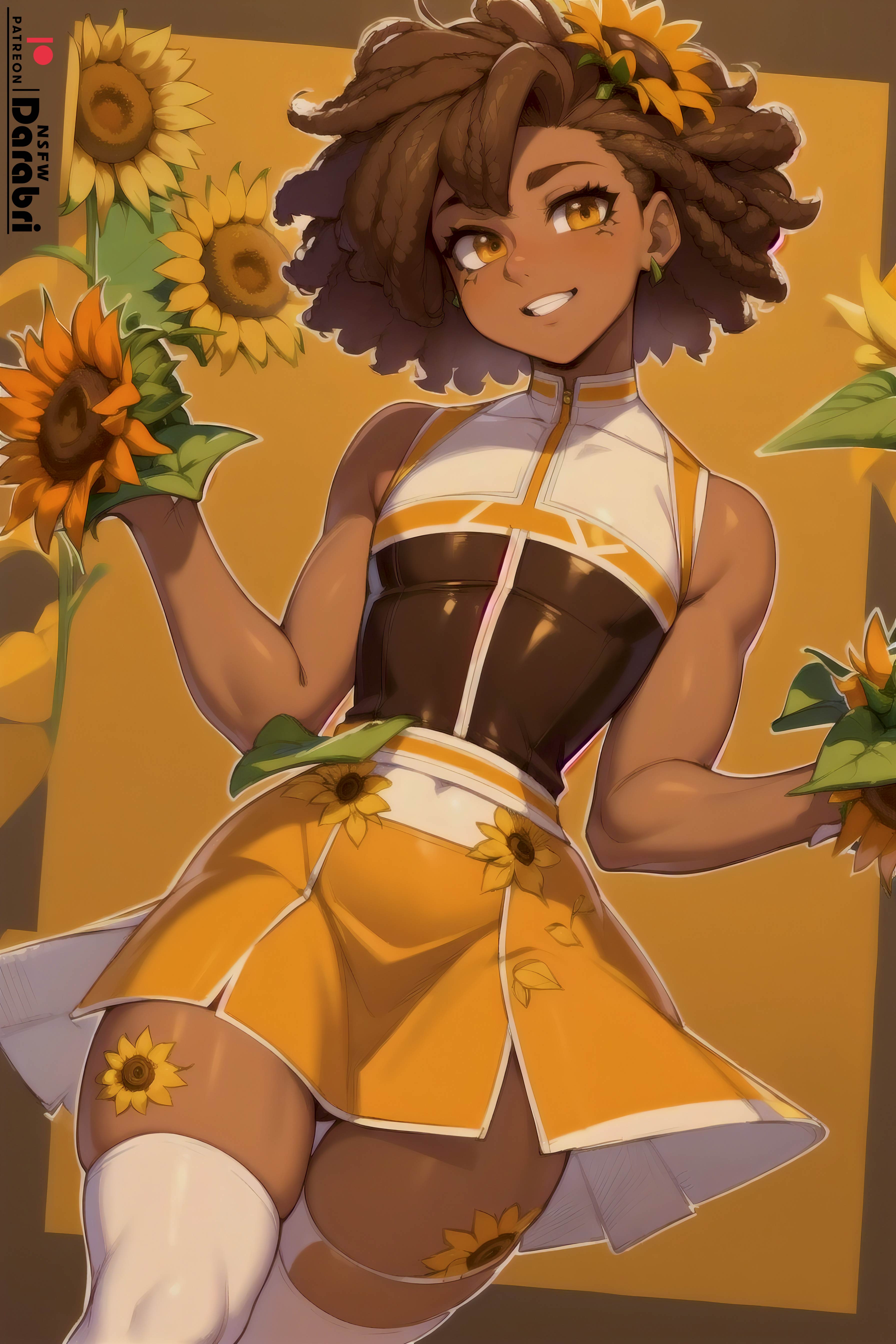 1boy, abstract background, afro, ai generated, bare shoulders, braided hair, brown body, brown skin, curly hair, cute, darabri, dark male only, dark skin, dark-skinned femboy, dark-skinned male, dark-skinned sissy, dark-skinned twink, dress, femboy, feminine male, flower in hair, girly, happy, latina, logo, male, orange blossom, otoko no ko, patreon, patreon logo, pov, pov eye contact, skirt, smile, solo, stockings, sunflower, thick thighs, toned, trap