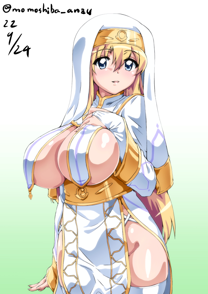 blonde_hair bluah blue_eyes breast_curtains breasts bridal_gauntlets cleavage female_only habit huge_breasts long_hair long_sleeves nafta priestess robe sideboob solo standing thighhighs tiffania_westwood zero_no_tsukaima