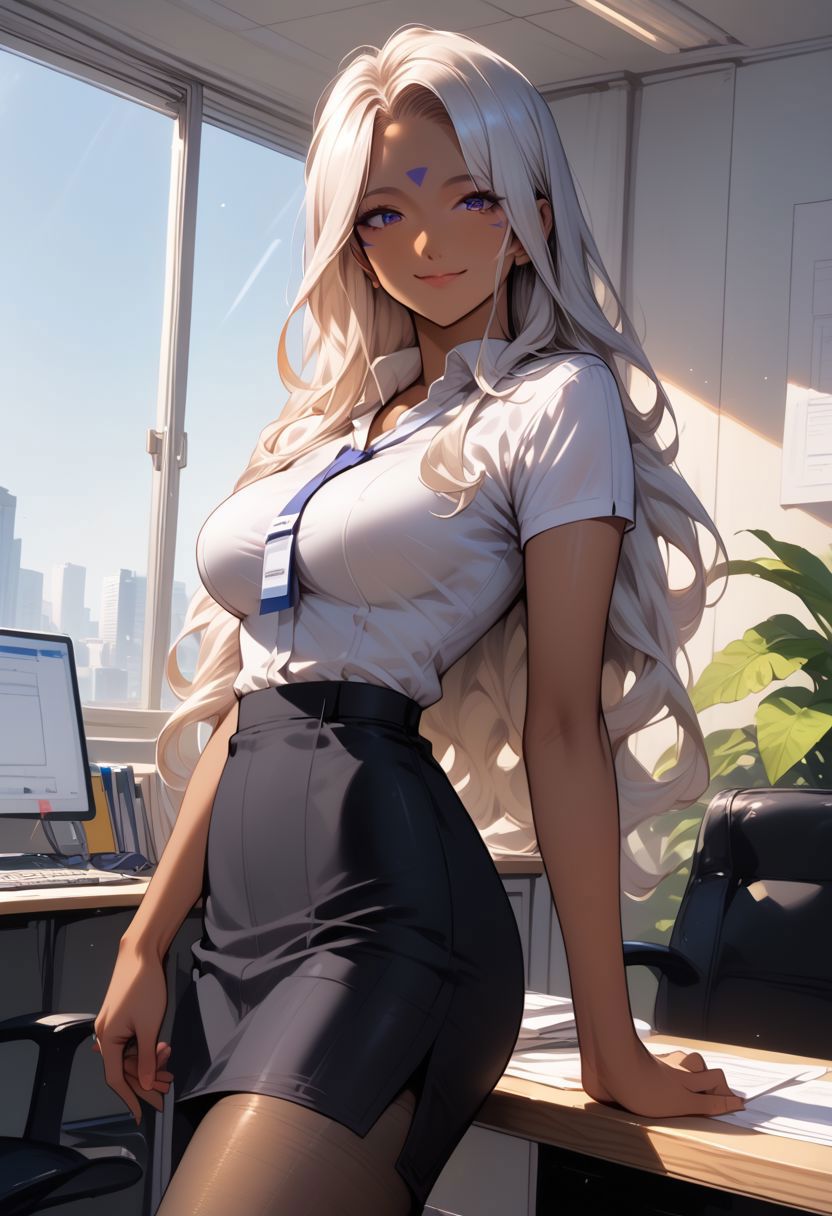 2024 ai_generated ass breasts butt_outline cleavage curvy dark-skinned_female dark_skin female office office_lady oh_my_goddess! oh_my_goddess! pantyhose pencil_skirt skintight solo tagme tight_clothing urd white_shirt yggdrasiladm