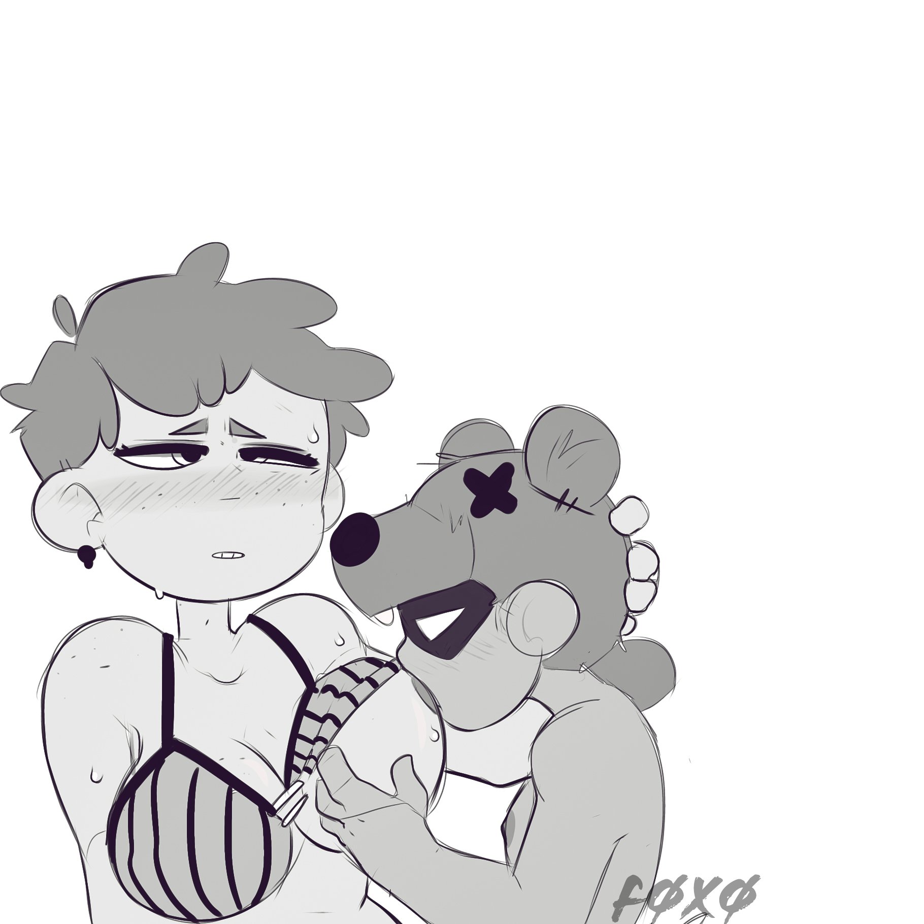 2girls, bea (brawl stars), black and white, brawl stars, breast grab, breast sucking, breasts, dsmnup, female, lesbian, nita (brawl stars), supercell, tagme, yuri