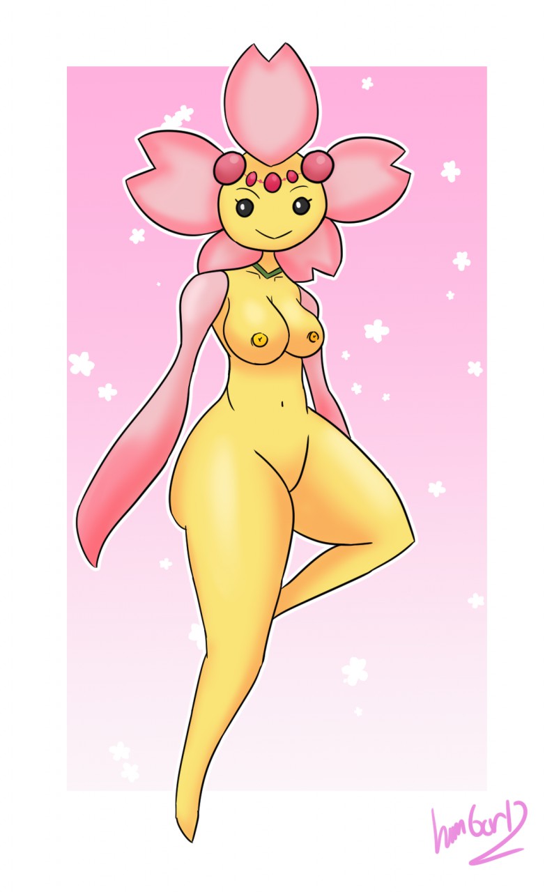 anthro breasts cherrim fan_character female hambor12 hi_res humanoid multicolored_body nintendo nipples pokémon_(species) pokemon simple_background smile solo two_tone_body video_games yellow_body