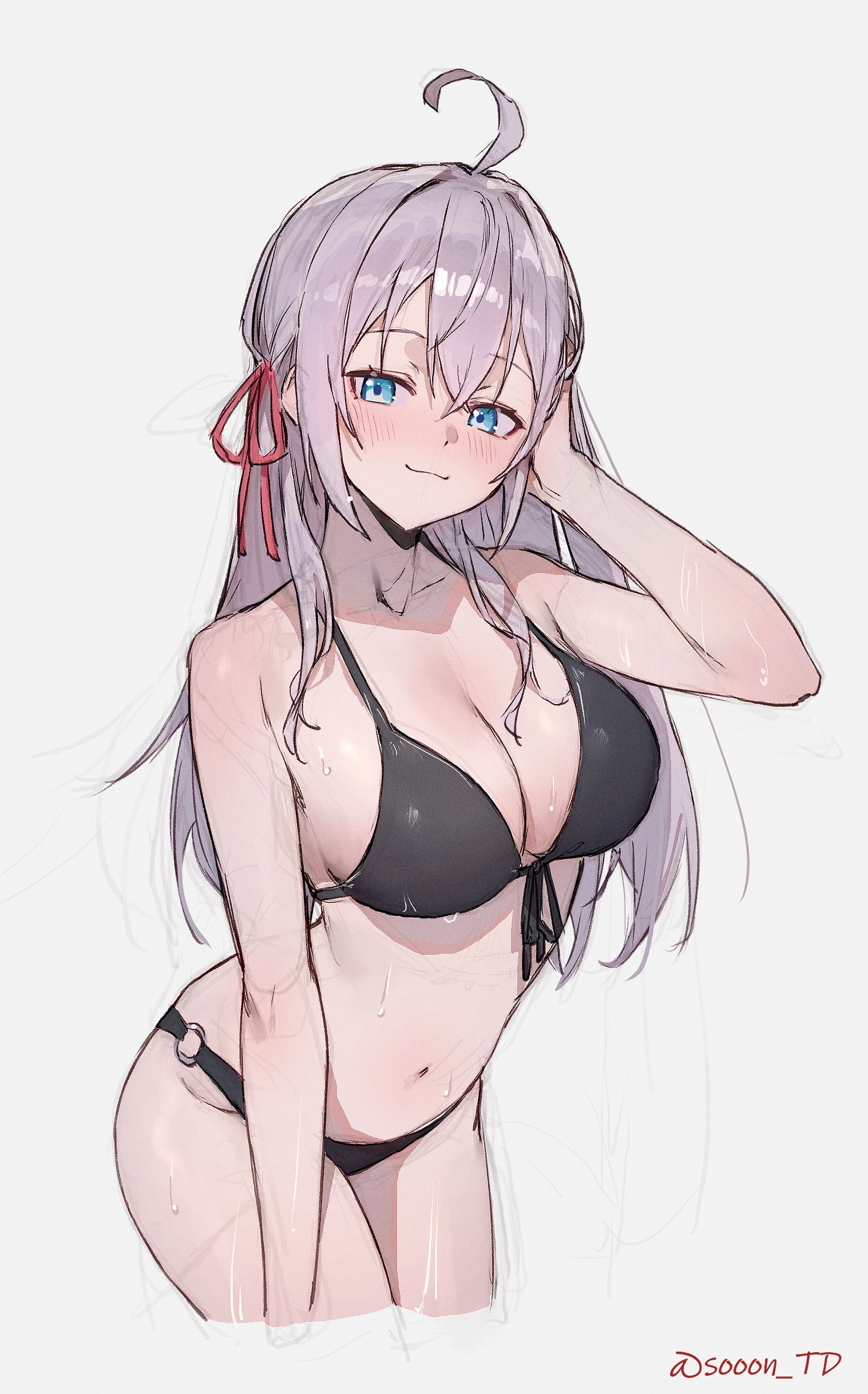 1girls, absurd res, absurdres, alisa mikhailovna kujou, bare arms, bare belly, bare legs, bare midriff, bare shoulders, bare skin, bare thighs, belly, belly button, bikini, bikini bottom, bikini only, bikini top, black bikini, black bikini bottom, black bikini top, black string bikini, black swimsuit, black swimwear, blue eyes, blue-eyed female, blush, blush lines, blushing female, breasts, cleavage, collarbone, color, dot nose, elbows, female, female focus, female only, fingers, groin, hair between eyes, head tilt, high resolution, highres, hourglass figure, legs, light skin, light-skinned female, long hair, looking at viewer, medium breasts, naked, naked female, navel, nude, nude female, shoulders, sideboob, silver hair, silver-haired female, simple background, slender body, slender waist, slim female, slim waist, smile, smiling, smiling at viewer, solo, sooon, standing, string bikini, stroking hair, student, swimsuit, swimwear, teenager, thick thighs, thighs, thin waist, tilted head, tokidoki bosotto russian de dereru tonari no alya-san, upper body, v-line, wet, wet belly, wet bikini, wet body, wet breasts, wet legs, wet skin, wet thighs, white background, wide hips