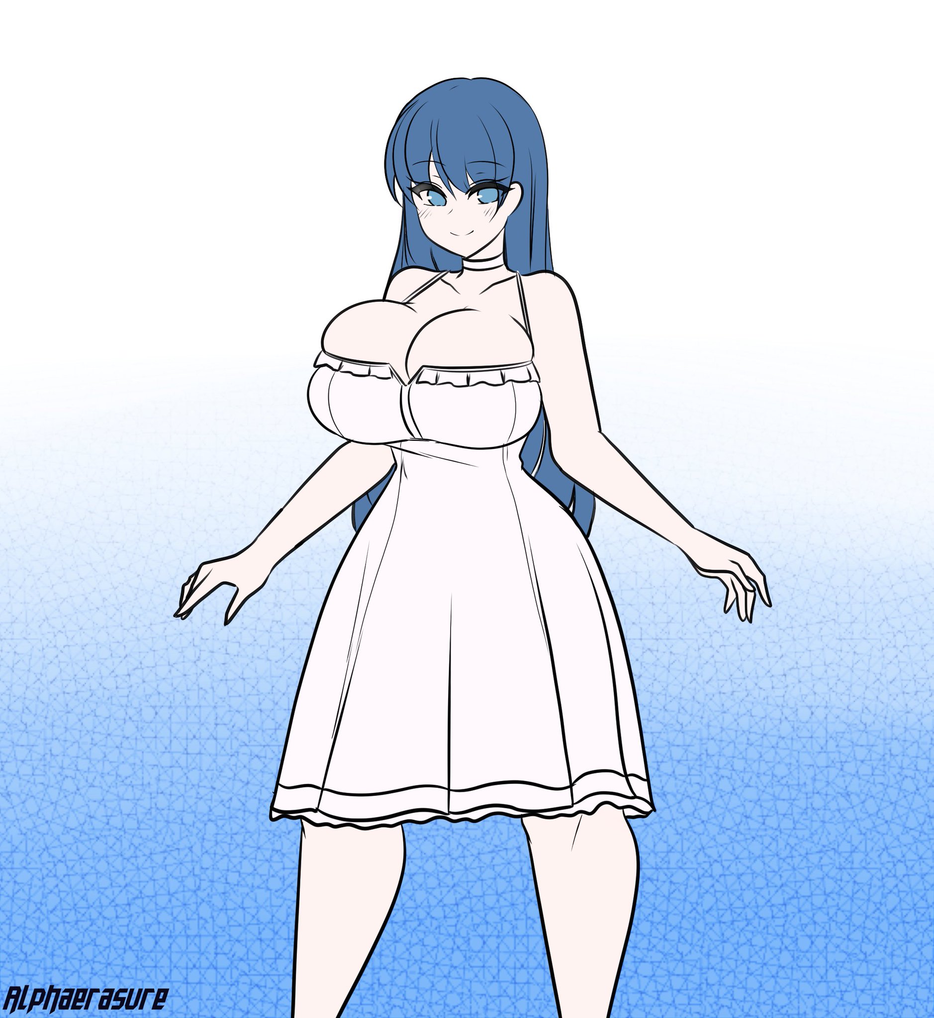 1girls, alphaerasure, ass expansion, atlus, barely contained, barely contained breasts, better version at source, blue eyes, blue hair, blush, body transformation, breast expansion, breast growth, breast growth (enlargement), breasts, bursting breasts, cleavage, dress, female, figure transformation, fire emblem, gigantic breasts, hourglass figure, huge breasts, hyper breasts, intelligent systems, large breasts, long hair, looking at viewer, nintendo, oribe tsubasa, smile, solo, thick thighs, tight clothing, tokyo mirage sessions #fe, transformation, voluptuous, white dress