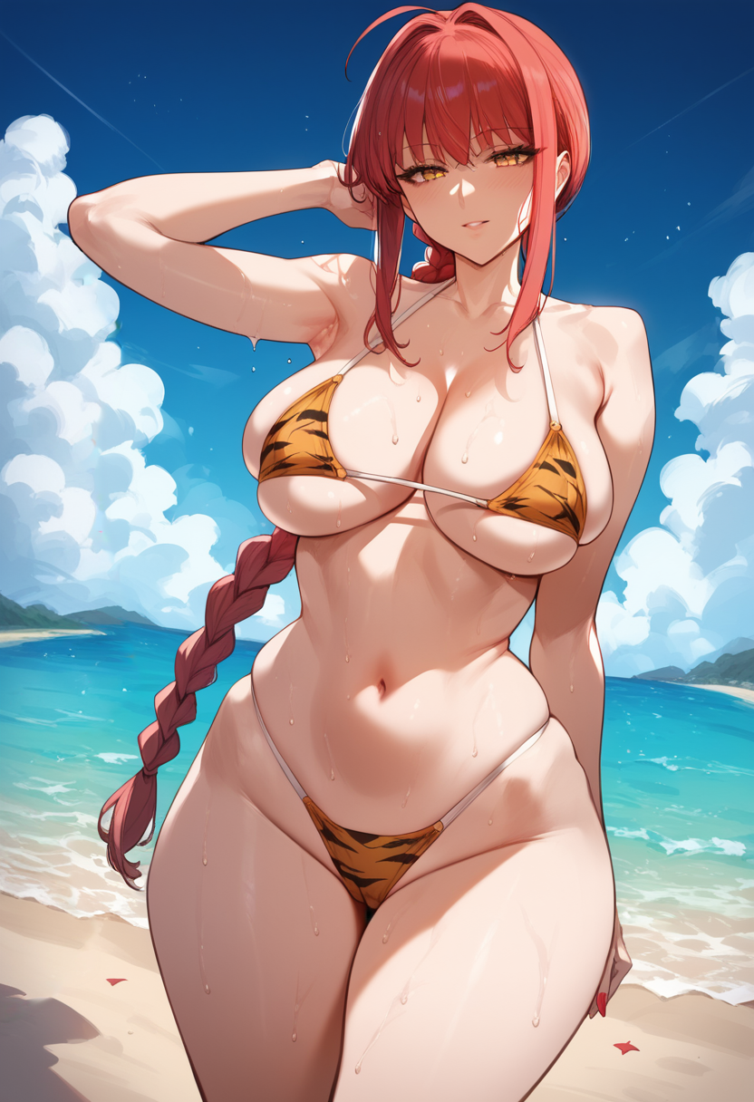 1girls ai_generated beach bikini bombacopta braid chainsaw_man large_breasts makima_(chainsaw_man) mommy thick thick_thighs tiger_print yellow_eyes