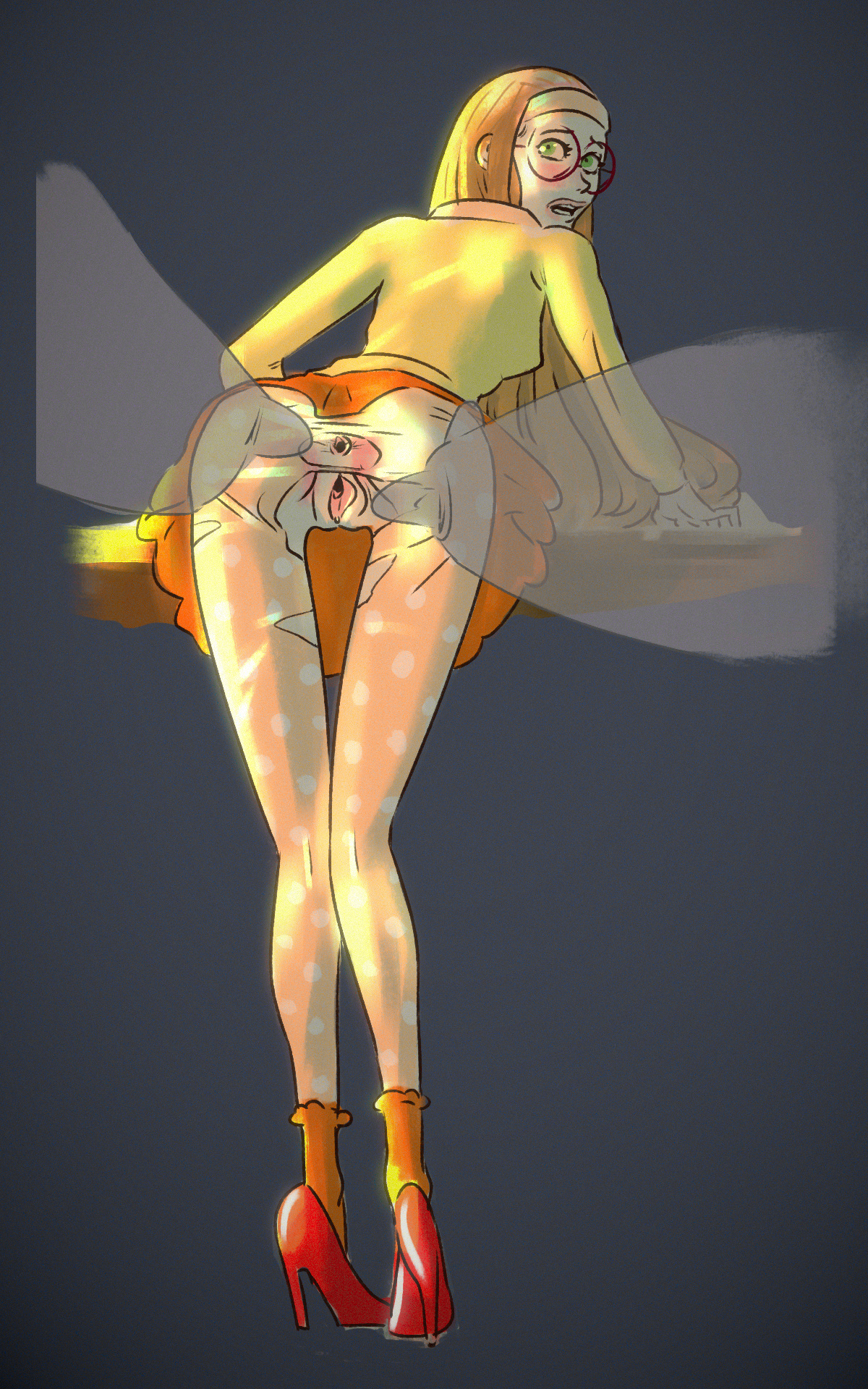 1girls, anus, artist request, ass, baymax, big hero 6, clitoris, clothing, disney, female, glasses, green eyes, high heels, honey lemon, lips, looking back, marvel, marvel comics, orange hair, pussy, solo, spread pussy, torn clothes