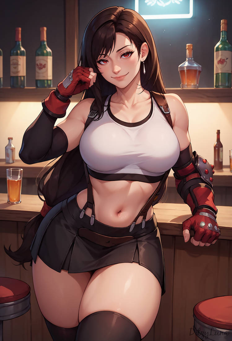 ai_generated big_breasts breasts ditzyluna female final_fantasy final_fantasy_vii light-skinned_female light_skin skirt smile solo solo_female thick_thighs tifa_lockhart voluptuous voluptuous_female