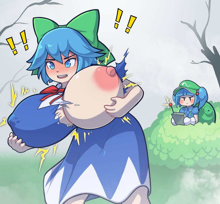breast expansion, breast growth, breast growth (enlargement), breasts, cirno, female, female only, huge breasts, nitori kawashiro, one breast out, royaloppai, touhou, wardrobe malfunction