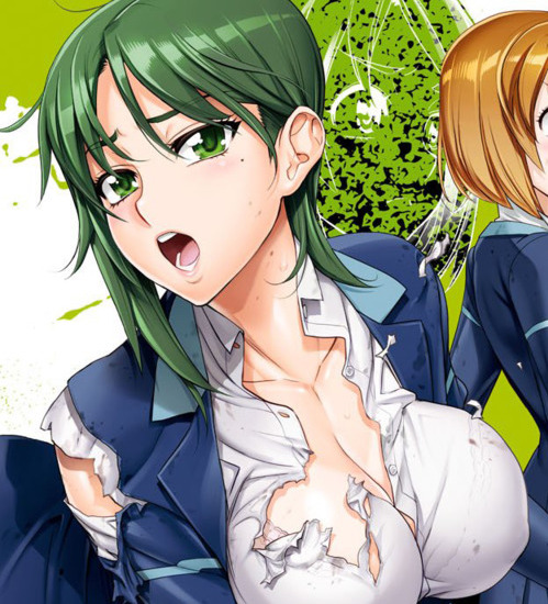 big_breasts bra_visible_through_clothes cleavage color female female_focus female_only green_eyes green_hair looking_at_viewer manga manga_cover mole mole_under_eye momokino_yuu open_mouth satou_shouji school_uniform short_hair torn_clothes triage_x upper_body