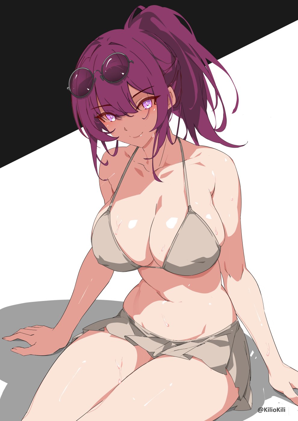 bare_arms bare_shoulders bikini bikini_skirt breasts eyewear_on_head female gloves hi_res highres honkai:_star_rail honkai_(series) kafka_(honkai:_star_rail) kili_kilio large_breasts long_hair looking_at_viewer navel purple_eyes purple_hair round_eyewear shiny_skin sitting smile solo sunglasses swimsuit thighs twitter_username wet