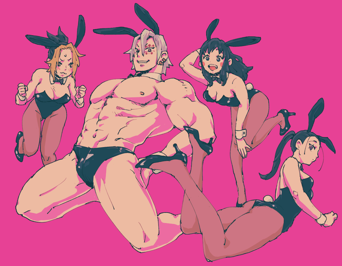 1boy, 3girls, alternate costume, artist request, black hair, black leotard, black speedo, bunny ears, bunny girl, bunny tail, bunnysuit, canon couple, canon polyamory, demon slayer, female, hair down, high heels, hinatsuru (kimetsu no yaiba), husband and wife, husband and wives, kimetsu no yaiba, looking at viewer, makio (kimetsu no yaiba), male, male playboy bunny, married couple, muscular, muscular male, pantyhose, pink background, playboy bunny, polyamory, ponytail, smile, speedo, strapless leotard, suma (kimetsu no yaiba), the wives (kimetsu no yaiba), topless male, two-tone hair, uzui tengen, white hair
