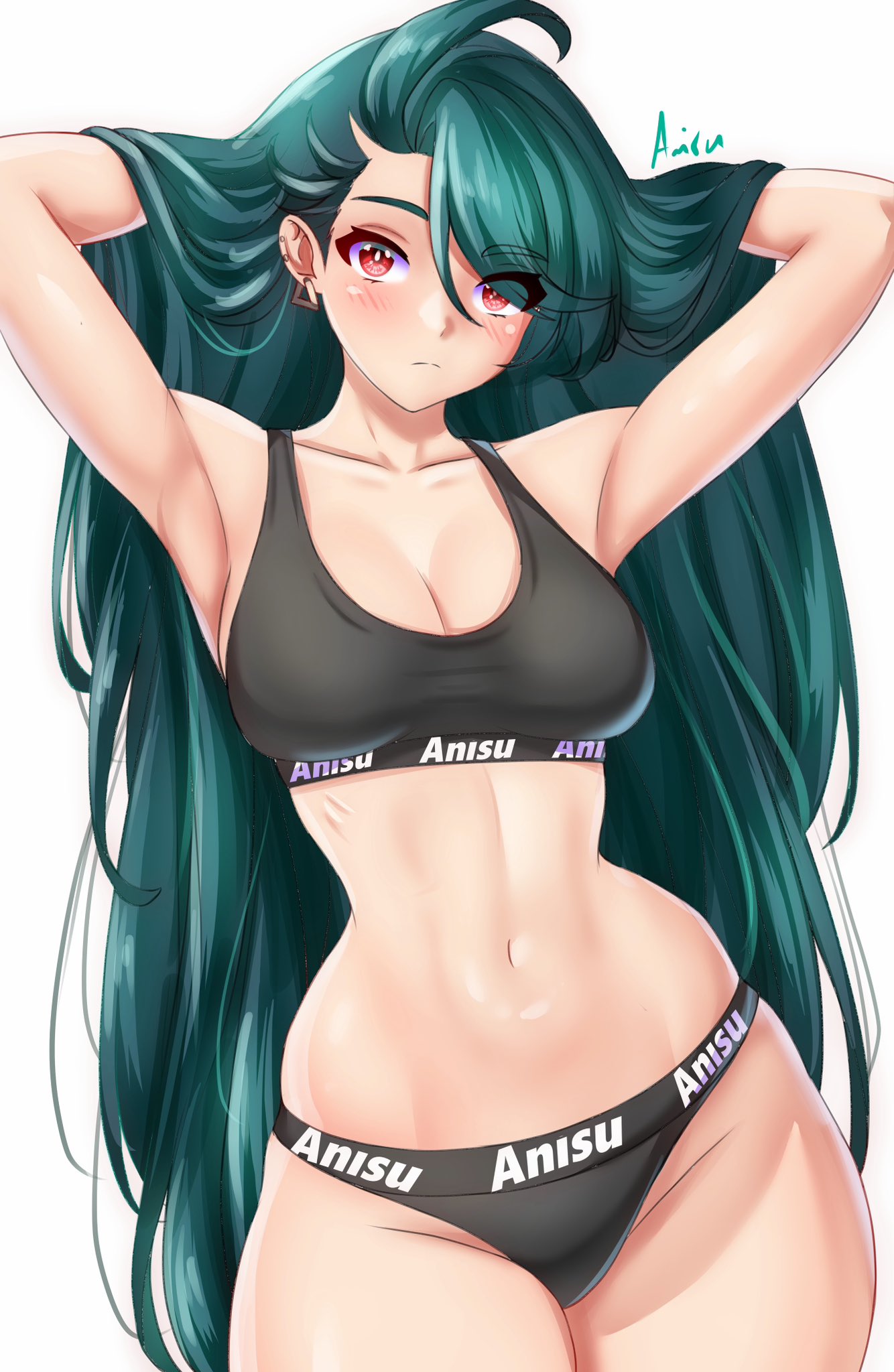 1girls, alternate breast size, anisdrawn, breasts, female, hair down, hi res, light skin, light-skinned female, long hair, medium breasts, nintendo, panties, pokemon, pokemon sv, red eyes, rika (pokemon), sports bra, sportswear, teal hair