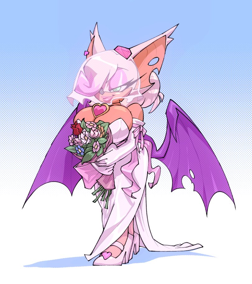 1girls, anthro, anthro only, ass, bat, bat wings, big ass, big breasts, bigdad, blue eyes, bouquet, breasts, cleavage, clothed, clothing, curvaceous, curvy, elbow gloves, eyeshadow, female, female only, flat belly, fur, furry, furry only, heels, high heels, hips, hourglass figure, huge breasts, large breasts, lipstick, looking at viewer, makeup, rouge the bat, seductive look, seductive smile, solo, sonic (series), sonic the hedgehog (series), thick ass, thick lips, thick thighs, thin waist, toned, toned female, two-tone hair, veil, voluptuous, walking, wedding dress, wedding veil, whore eyes, wide hips, wings