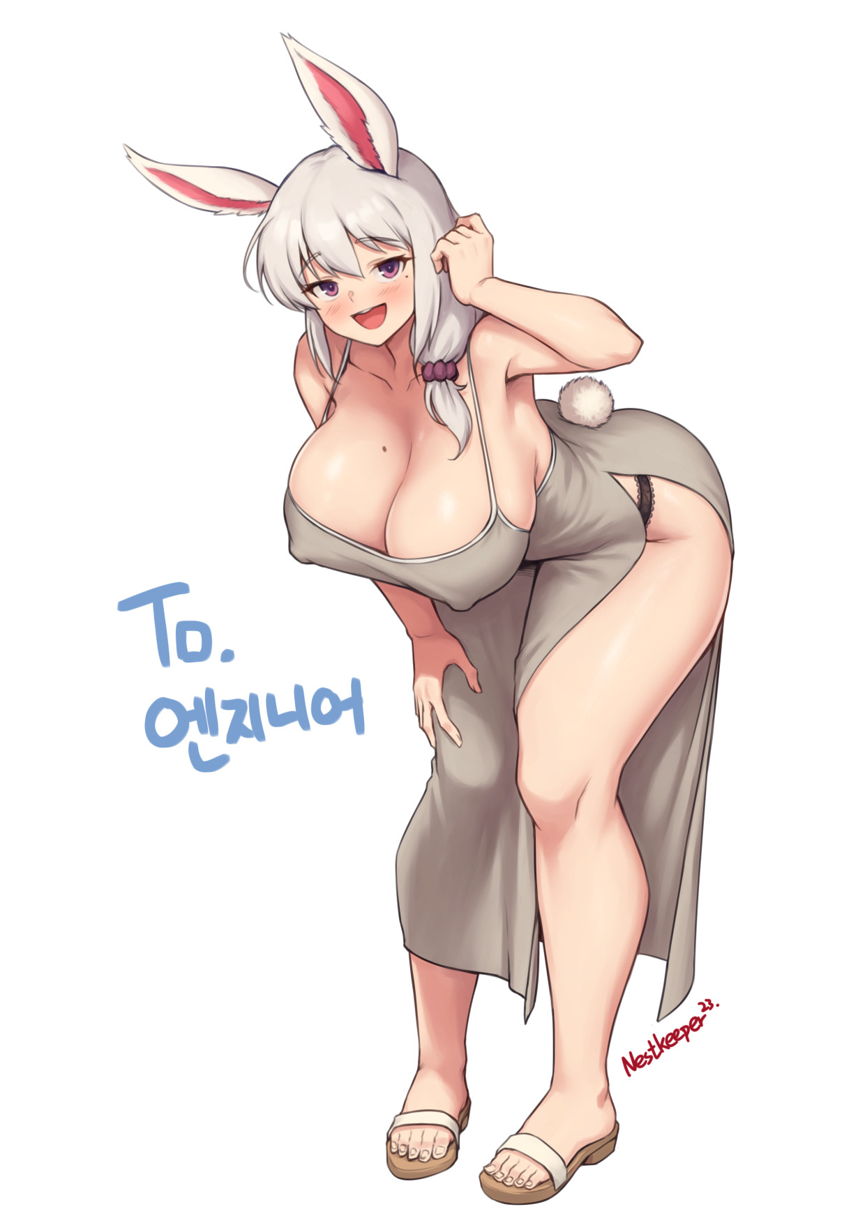 1girls, animal ears, blush, breasts, bunny girl, bunny tail, covered nipples, dress, female, hand on thigh, high slit dress, highres, large breasts, leaning forward, looking at viewer, mole, mole on breast, mole under eye, nestkeeper, open mouth, original, panties, purple eyes, sandals, side slit, simple background, single slit dress, slit dress, solo, underwear, white hair