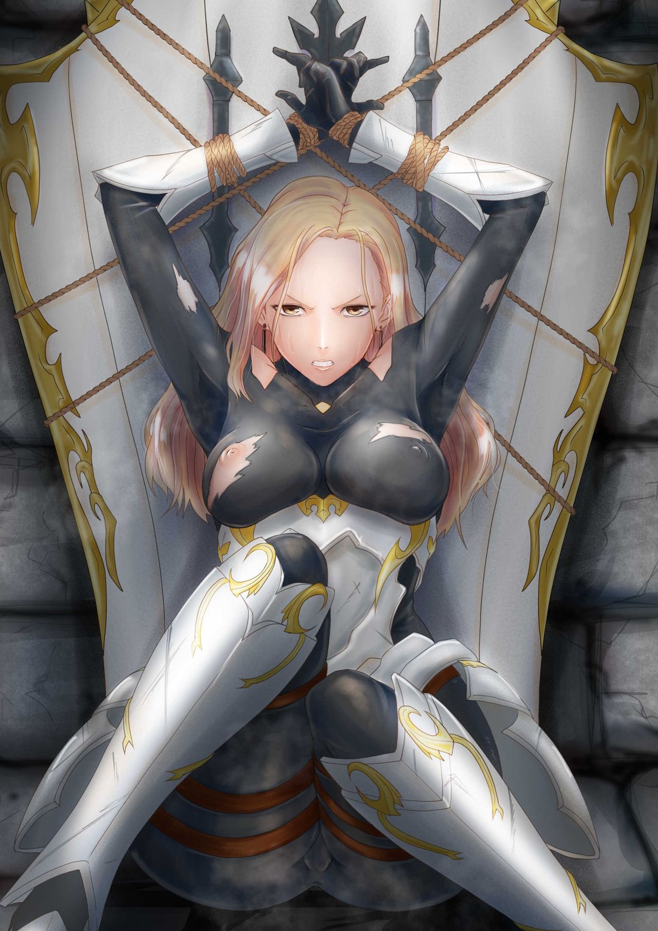 1girls, armor, armored boots, artist request, big breasts, blonde hair, bodysuit, bound, breasts, defeated, defeated heroine, female, female focus, female only, imminent rape, imminent sex, kisara (tales), rape, restrained, restraints, shield, tagme, tales of (series), tales of arise, tied up, torn bodysuit, torn clothes