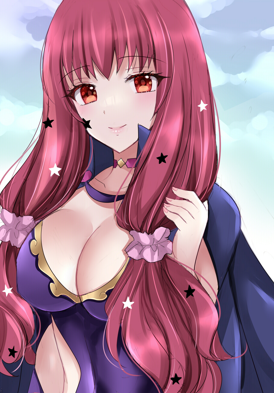 1girls alternate_hairstyle black_cape bodysuit breasts cape choker cleavage closed_mouth clothing_cutout facial_mark female female female_only fire_emblem fire_emblem_engage hair_ornament highres kirishima_riona large_breasts long_hair looking_at_viewer nintendo red_eyes red_hair side_cutout simple_background smile solo star_(symbol) star_facial_mark star_hair_ornament twintails upper_body yunaka_(fire_emblem)