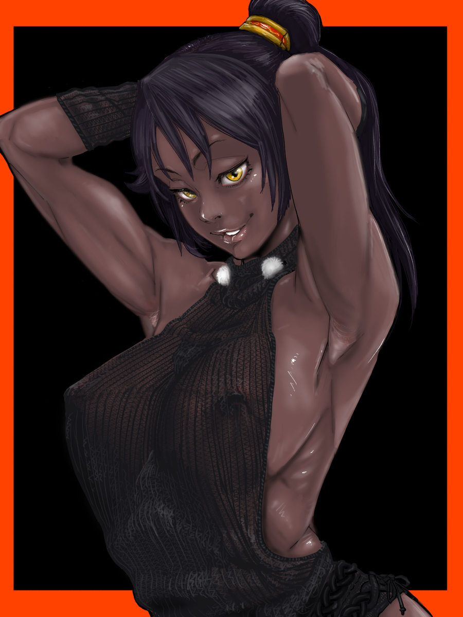 1girls adjusting_hair armpits arms_behind_head arms_up backless_outfit big_breasts bleach breasts dark_hair dark_skinned_female hair_ornament looking_at_viewer nipple_bulge ponytail purple_hair seductive shihouin_yoruichi sideboob smug solo_focus tata virgin_killer_sweater yellow_eyes