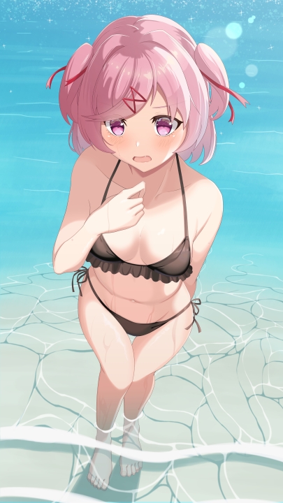 1girls, black bikini, blush, breasts, doki doki literature club, female, female only, frilled bikini, hair ornament, in water, looking at viewer, natsuki (doki doki literature club), open mouth, pink eyes, pink hair, small breasts, solo, standing, swimsuit