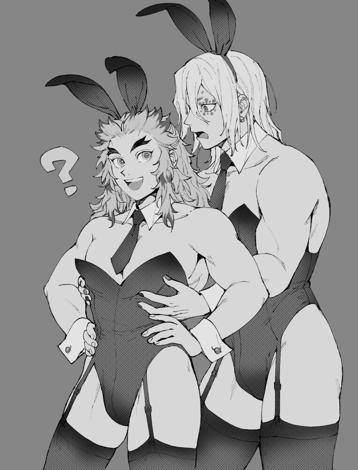 ?, 2boys, alternate costume, ambush (trap), bulge, bunny ears, bunnysuit, demon slayer, garter straps, groping from behind, hair down, kimetsu no yaiba, looking at another, looking back, male, male only, monochrome, muscular, muscular male, necktie, open mouth, rengoku kyoujurou, smile, stockings, thick eyebrows, uzui tengen