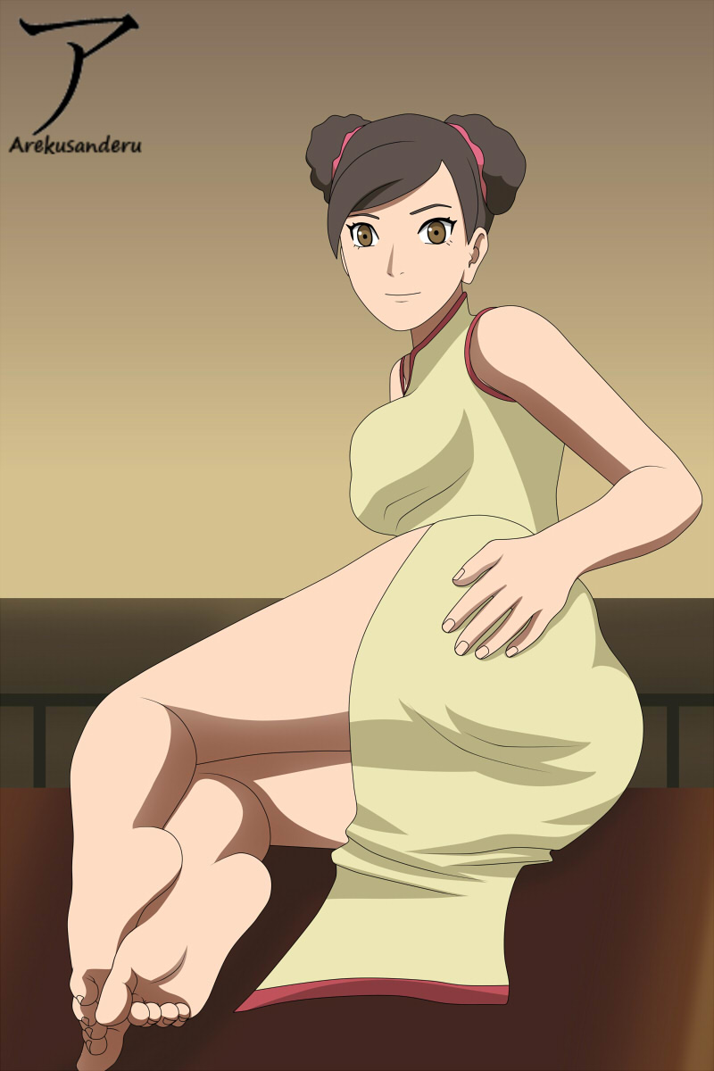 1girls, arekusanderu, ass, bare legs, barefoot, big ass, breasts, brown eyes, brown hair, china dress, chinese clothes, double bun, dress, feet, female, hair bun, hand on ass, huge ass, naruto, naruto (series), naruto shippuden, naruto: the last, on table, parted bangs, round ass, sideboob, soles, solo, solo focus, table, tenten, tied hair, toes