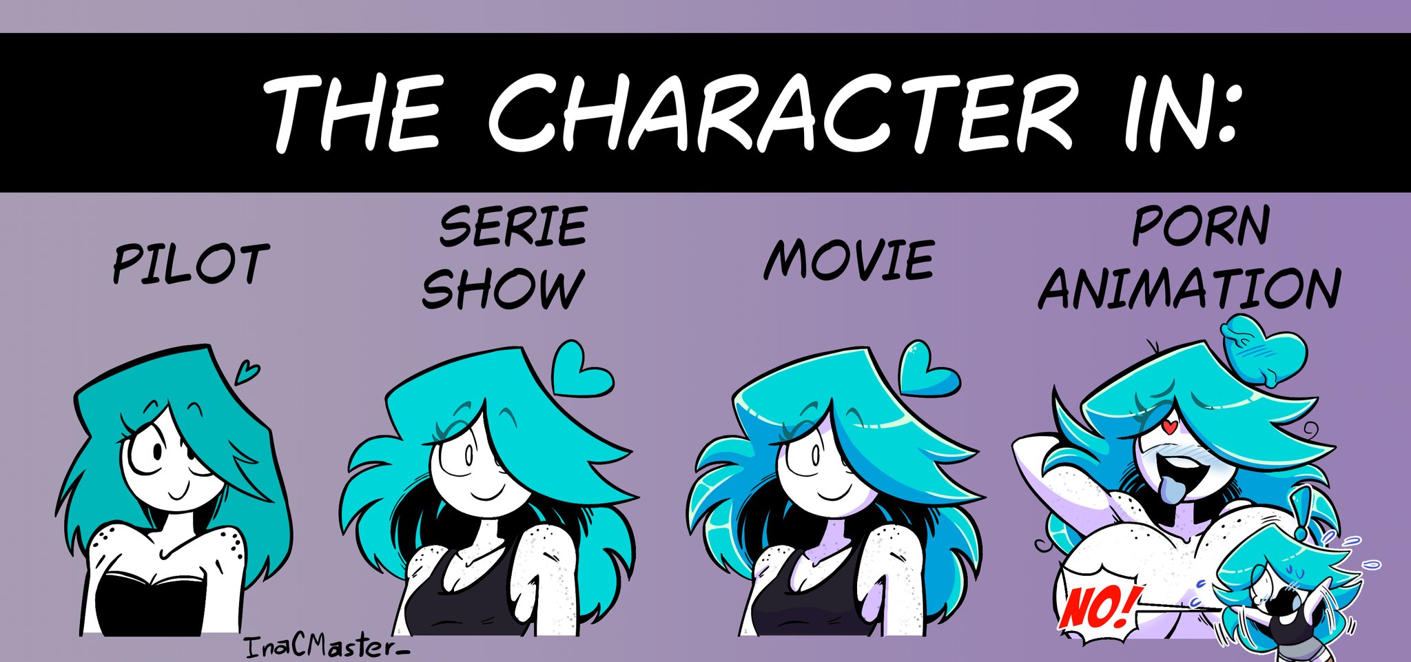 1girls, ahe gao, blue hair, breast expansion, breast growth, breast growth (enlargement), breasts, censored, comic strip, comparison, continuation at paywall, english text, expansion, female, female focus, female only, heart-shaped pupils, inacmaster, meme, nerida (inacmaster), one eye obstructed, original, text, tongue, tongue out, white body